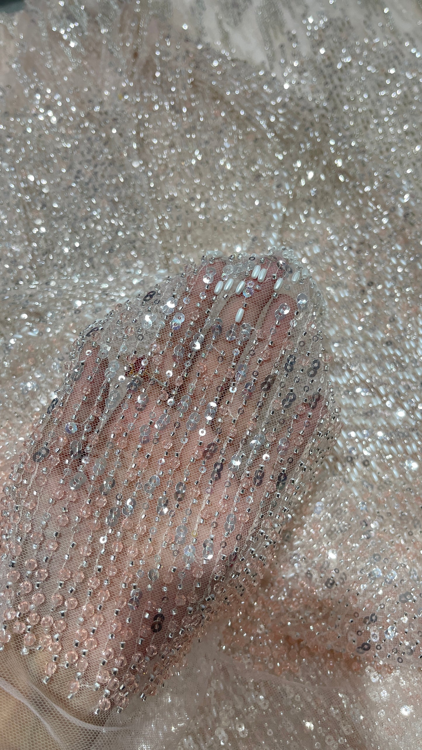 Luxury Hand-Embellished Net Embroidery Fabric with Sequins & Beadwork