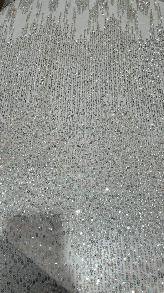 Luxury Hand-Embellished Net Embroidery Fabric with Sequins & Beadwork