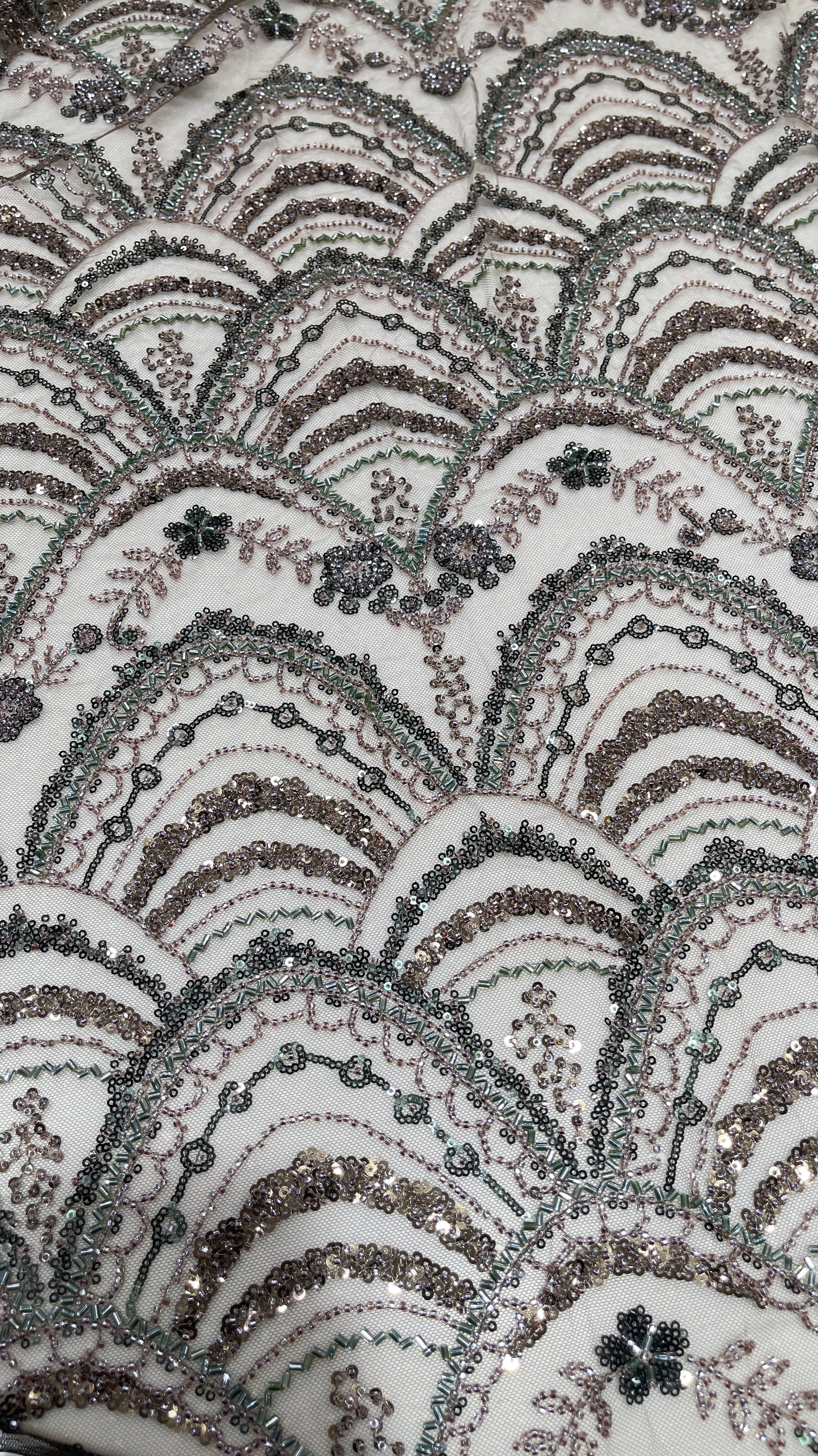 Designer Scallop Pattern Net Embroidery Fabric with Sequins & Beadwork – Bridal Couture Material