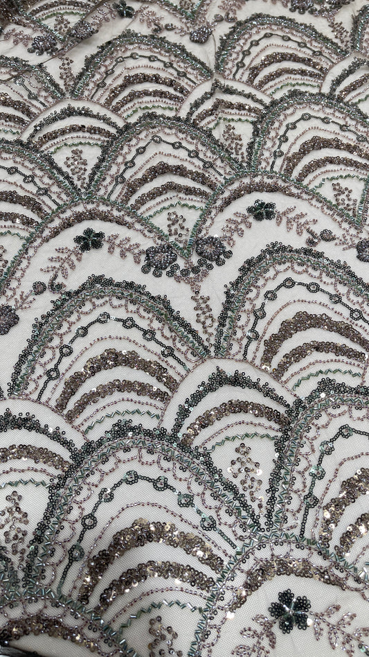 Designer Scallop Pattern Net Embroidery Fabric with Sequins & Beadwork – Bridal Couture Material