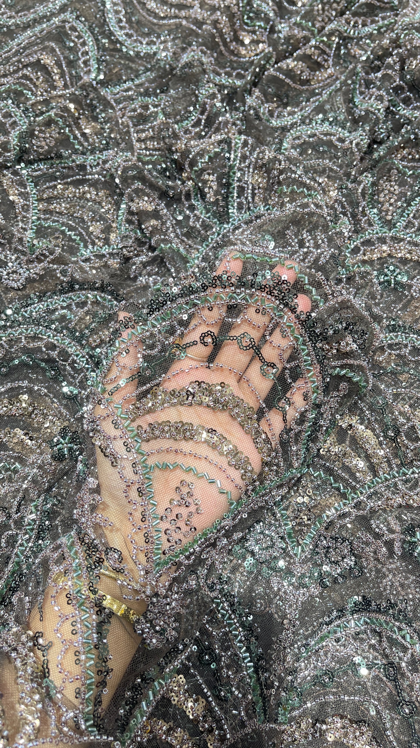 Designer Scallop Pattern Net Embroidery Fabric with Sequins & Beadwork – Bridal Couture Material