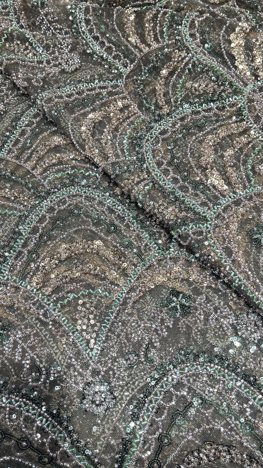 Designer Scallop Pattern Net Embroidery Fabric with Sequins & Beadwork – Bridal Couture Material