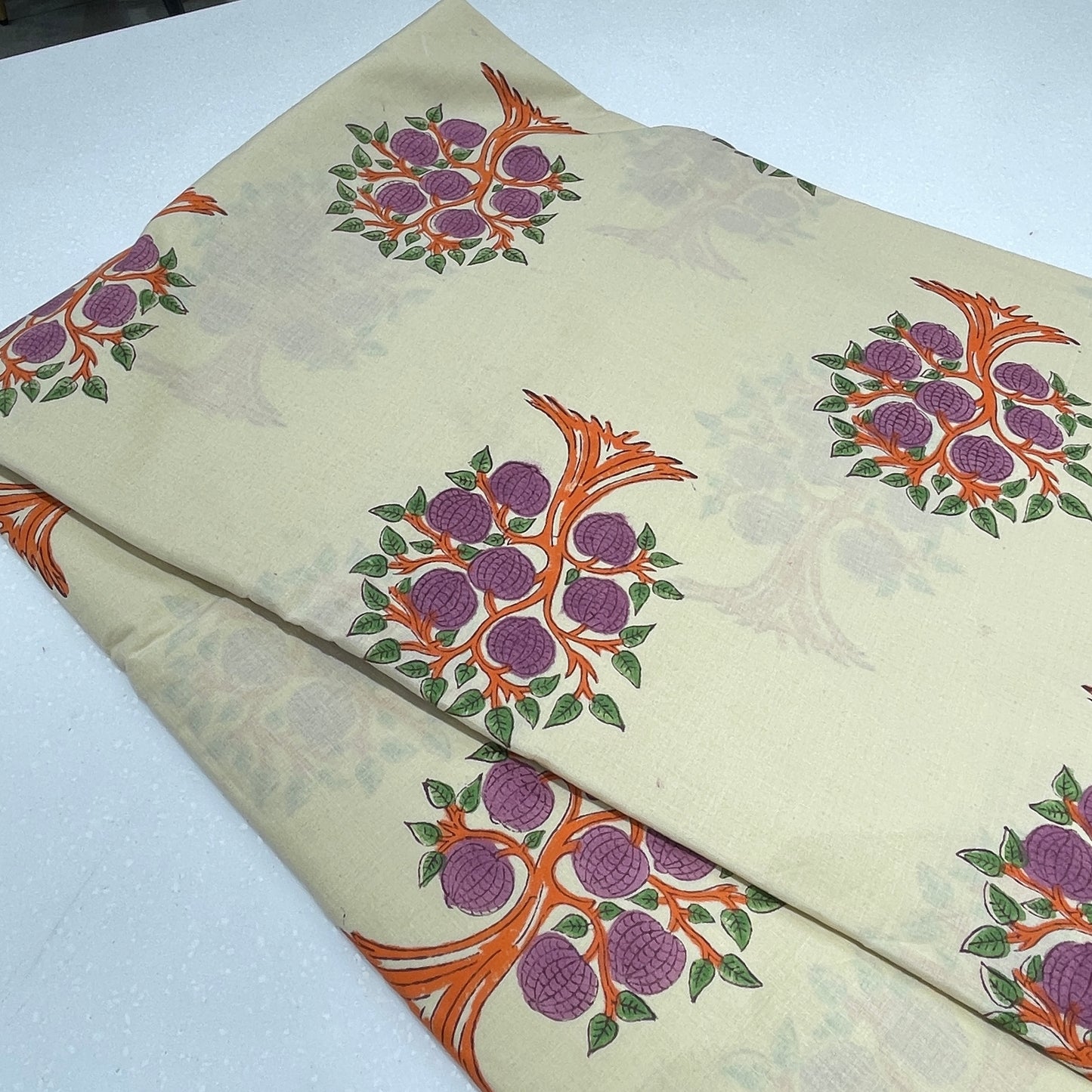 Beige Tree Motif Cotton Print Fabric – Soft Pure Cotton Designer Fabric for Kurtas, Dresses & Home Décor