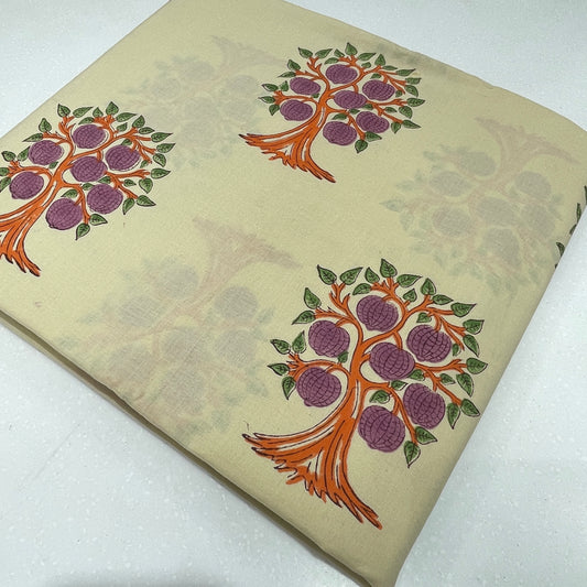 Beige Tree Motif Cotton Print Fabric – Soft Pure Cotton Designer Fabric for Kurtas, Dresses & Home Décor