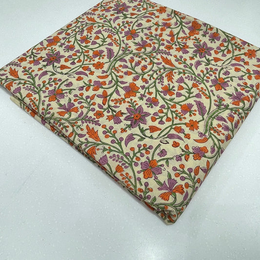 Beige Multicolor Floral Jaal Cotton Print Fabric – Soft Breathable Pure Cotton for Kurtas & Dresses