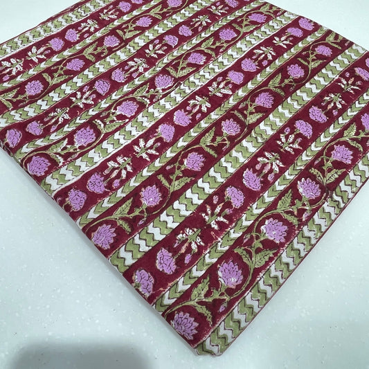 Maroon Floral Striped Cotton Print Fabric – Soft Breathable Block Design Cloth