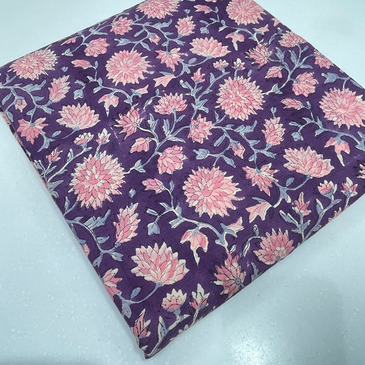Purple Floral Cotton Print Fabric – Pink Blossom Hand Block Style Material