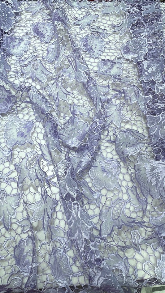 Pastel Lilac Floral Organza Cutwork Fabric – Premium Sheer Designer Fabric for Gowns, Lehengas & Dupattas