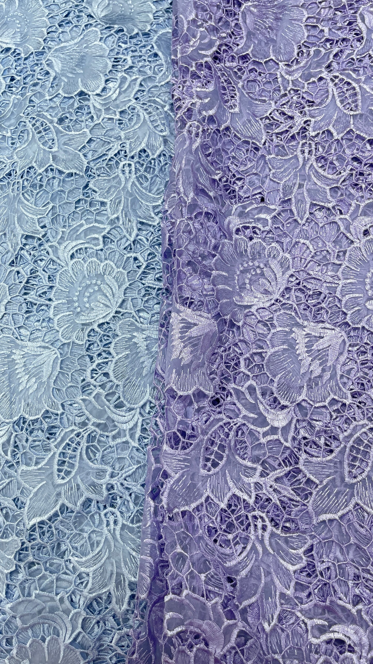 Pastel Lilac Floral Organza Cutwork Fabric – Premium Sheer Designer Fabric for Gowns, Lehengas & Dupattas