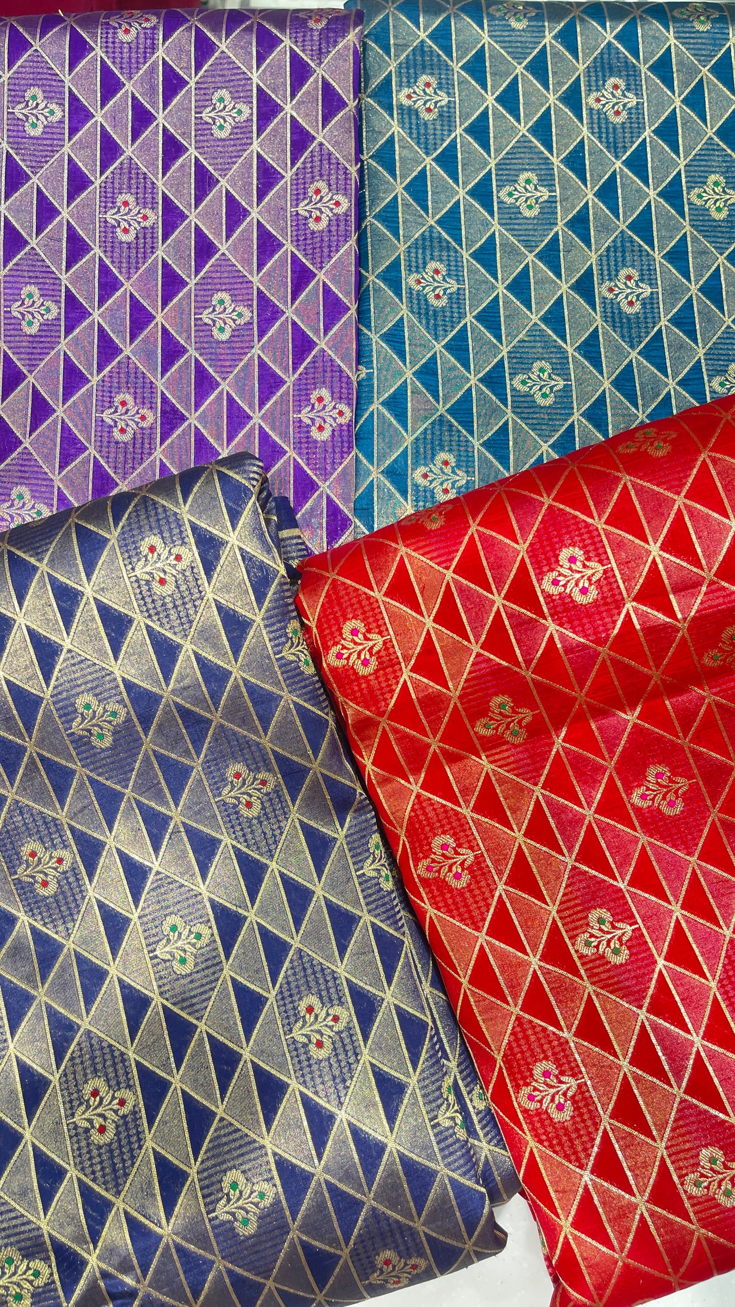 Luxury Geometric Zari Brocade Fabric – Premium Silk Blend with Gold Weaving (Multi-Color Options)