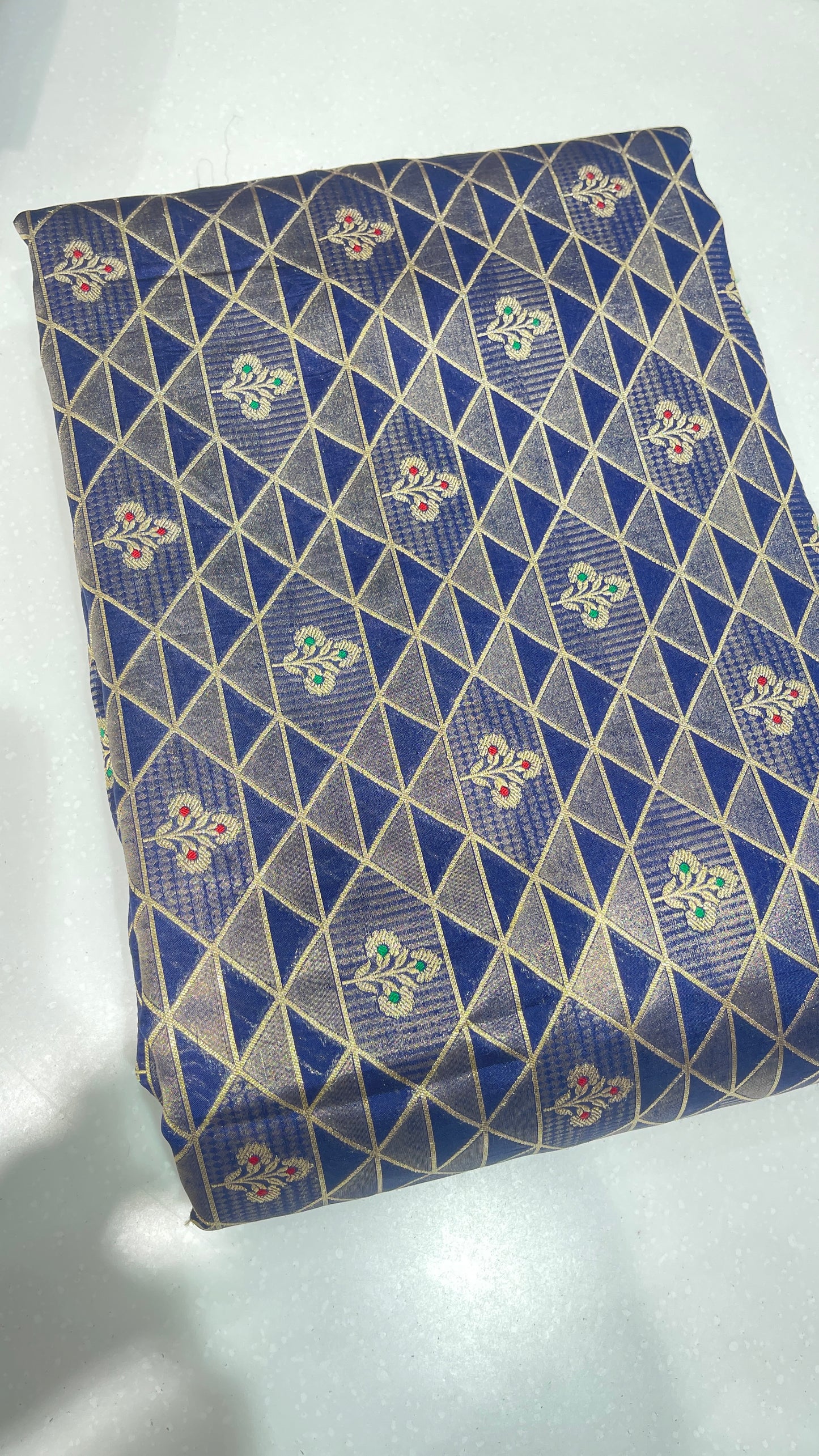 Luxury Geometric Zari Brocade Fabric – Premium Silk Blend with Gold Weaving (Multi-Color Options)