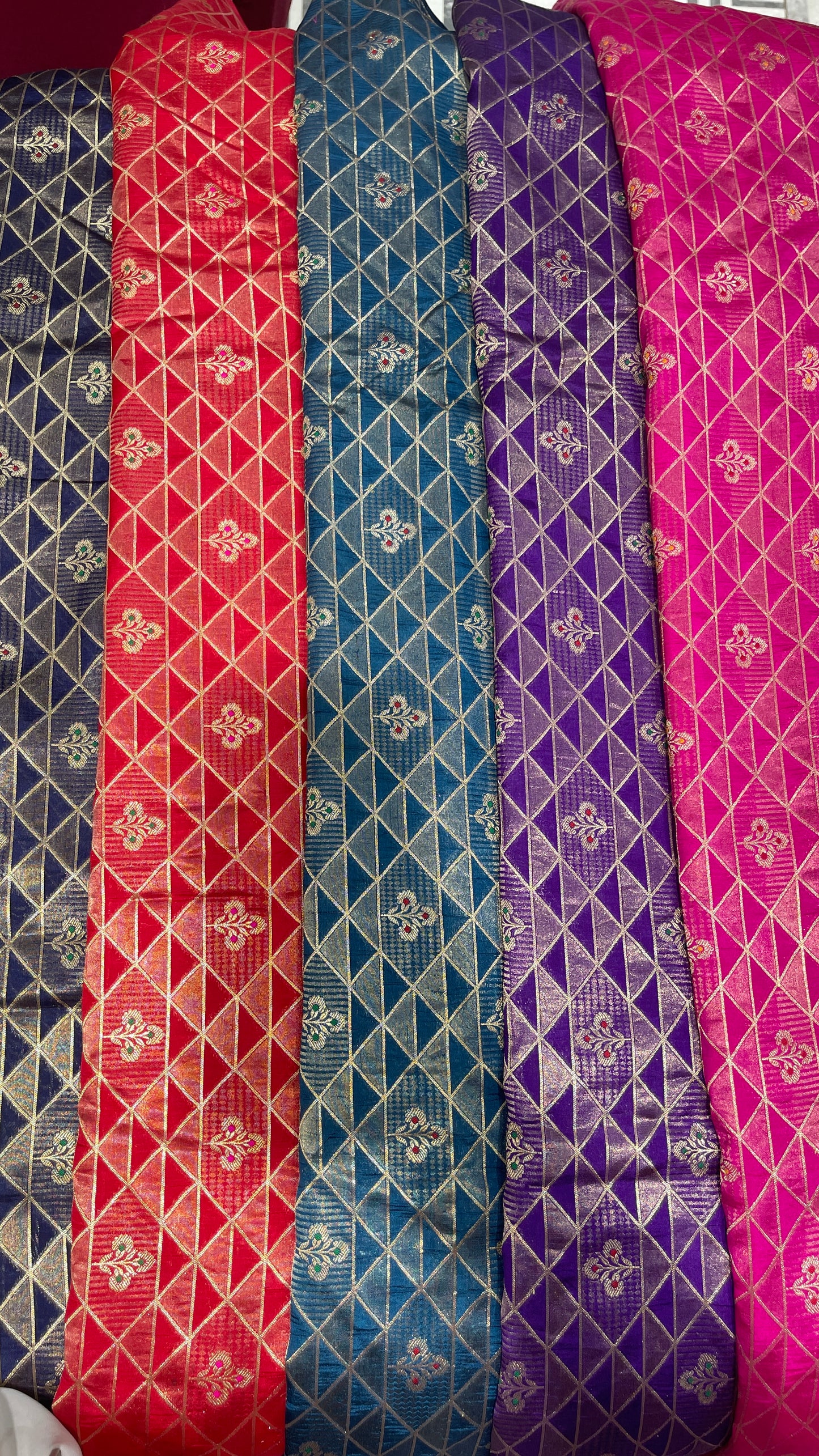 Luxury Geometric Zari Brocade Fabric – Premium Silk Blend with Gold Weaving (Multi-Color Options)