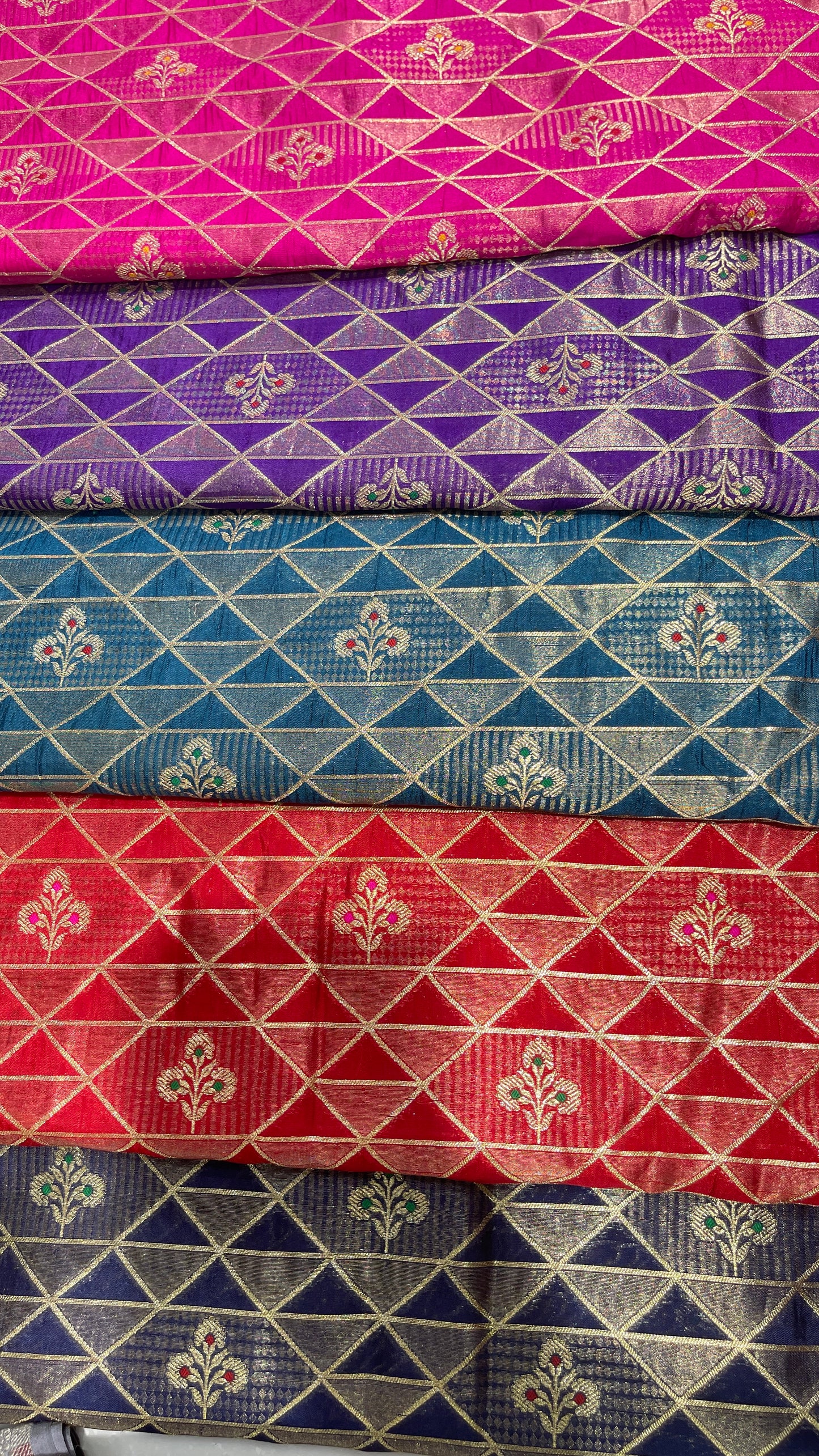 Luxury Geometric Zari Brocade Fabric – Premium Silk Blend with Gold Weaving (Multi-Color Options)