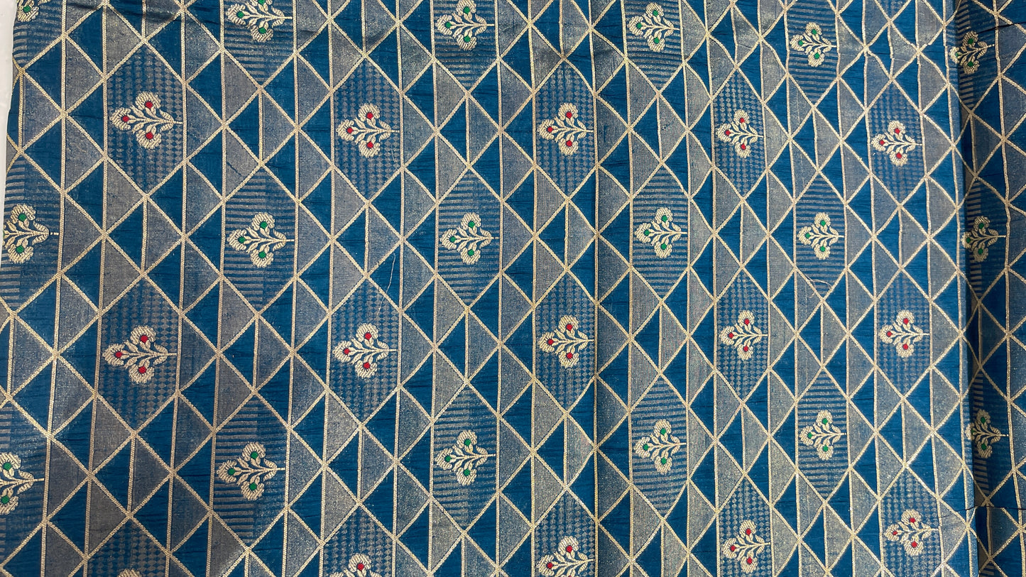Luxury Geometric Zari Brocade Fabric – Premium Silk Blend with Gold Weaving (Multi-Color Options)