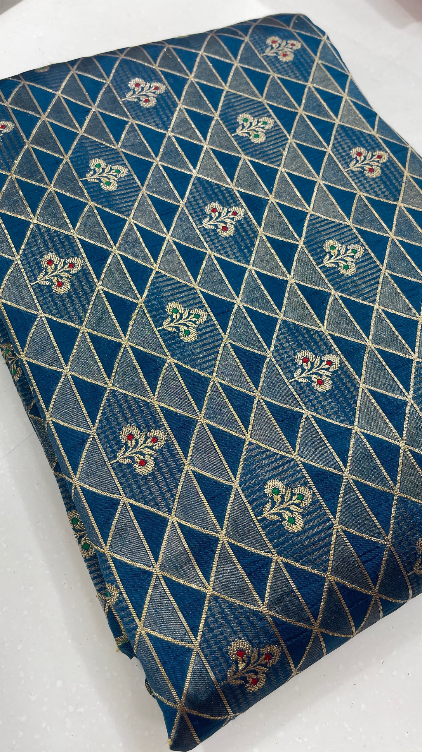 Luxury Geometric Zari Brocade Fabric – Premium Silk Blend with Gold Weaving (Multi-Color Options)