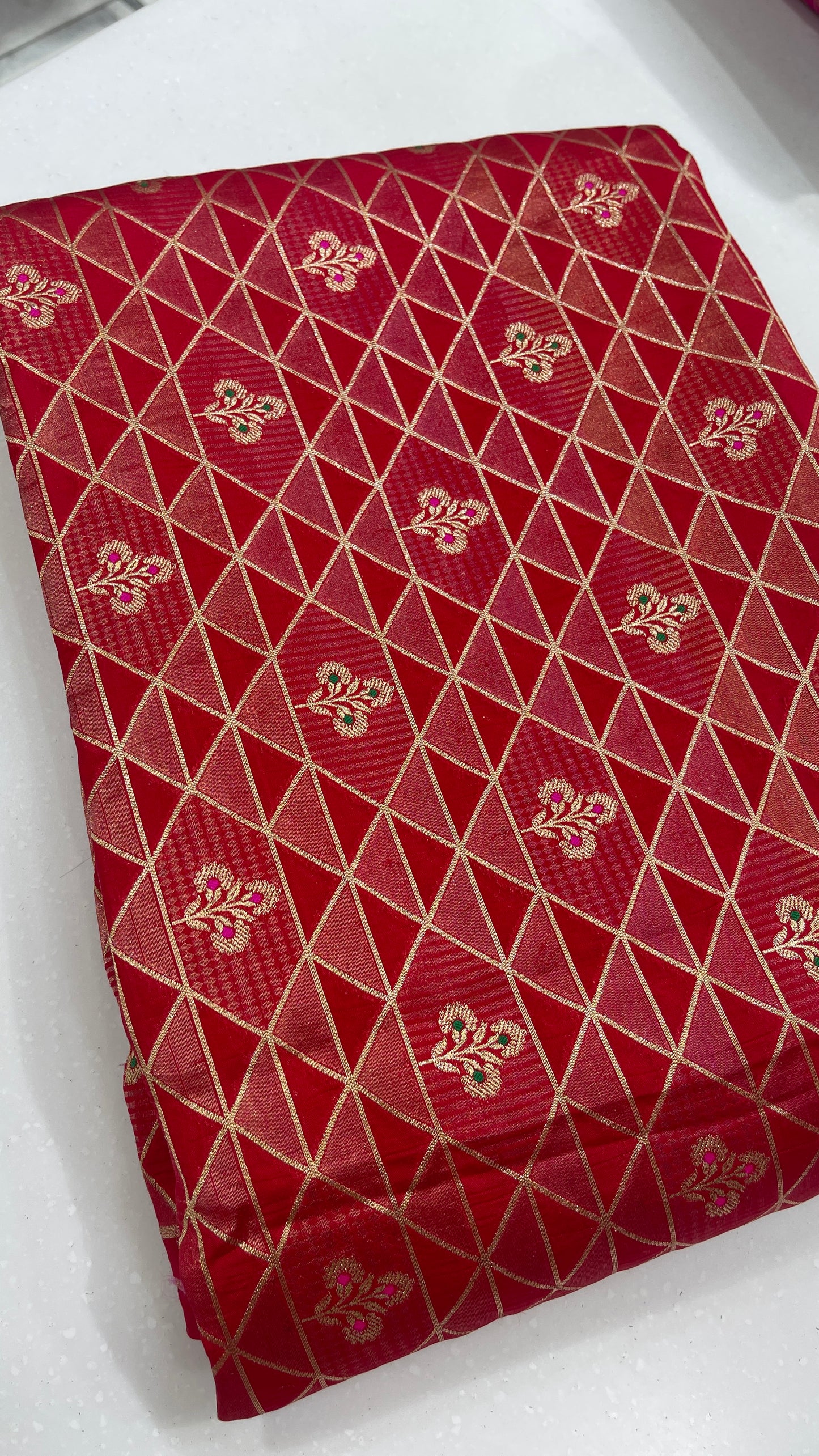 Luxury Geometric Zari Brocade Fabric – Premium Silk Blend with Gold Weaving (Multi-Color Options)