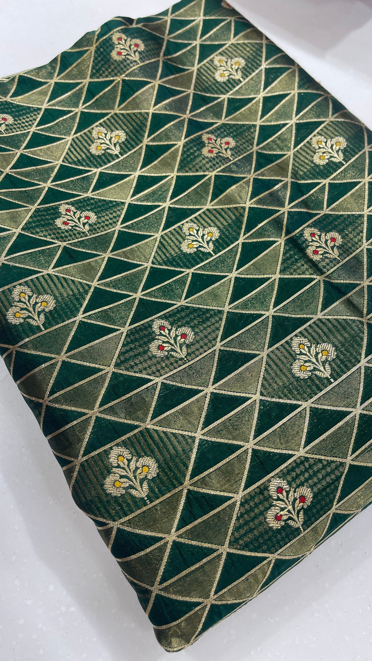 Luxury Geometric Zari Brocade Fabric – Premium Silk Blend with Gold Weaving (Multi-Color Options)