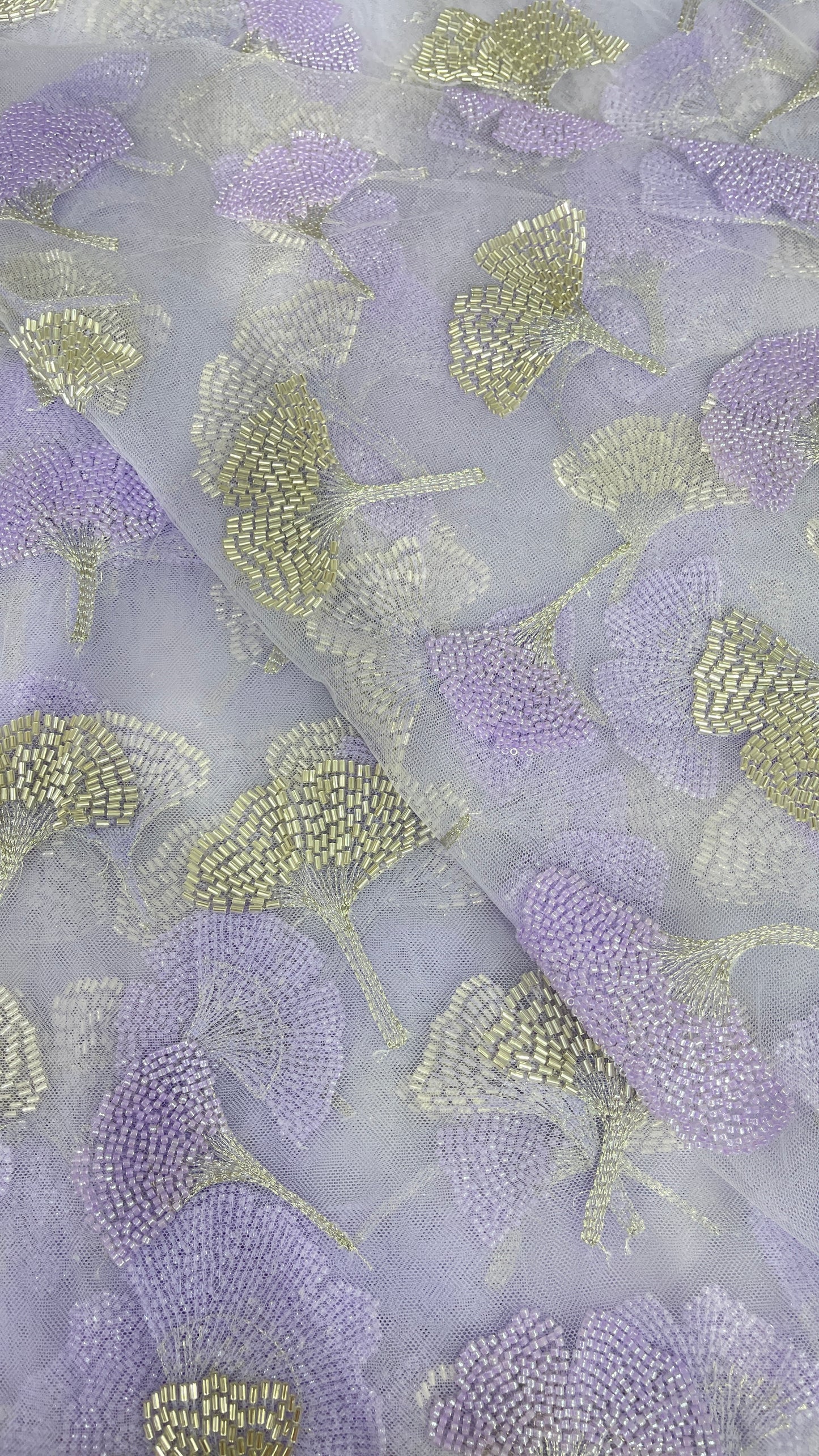 Lavender & Gold Hand Beaded Net Fabric – Designer Embroidered Mesh Fabric for Gowns, Dresses & Dupattas