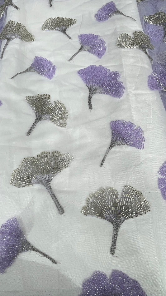 Lavender & Gold Hand Beaded Net Fabric – Designer Embroidered Mesh Fabric for Gowns, Dresses & Dupattas