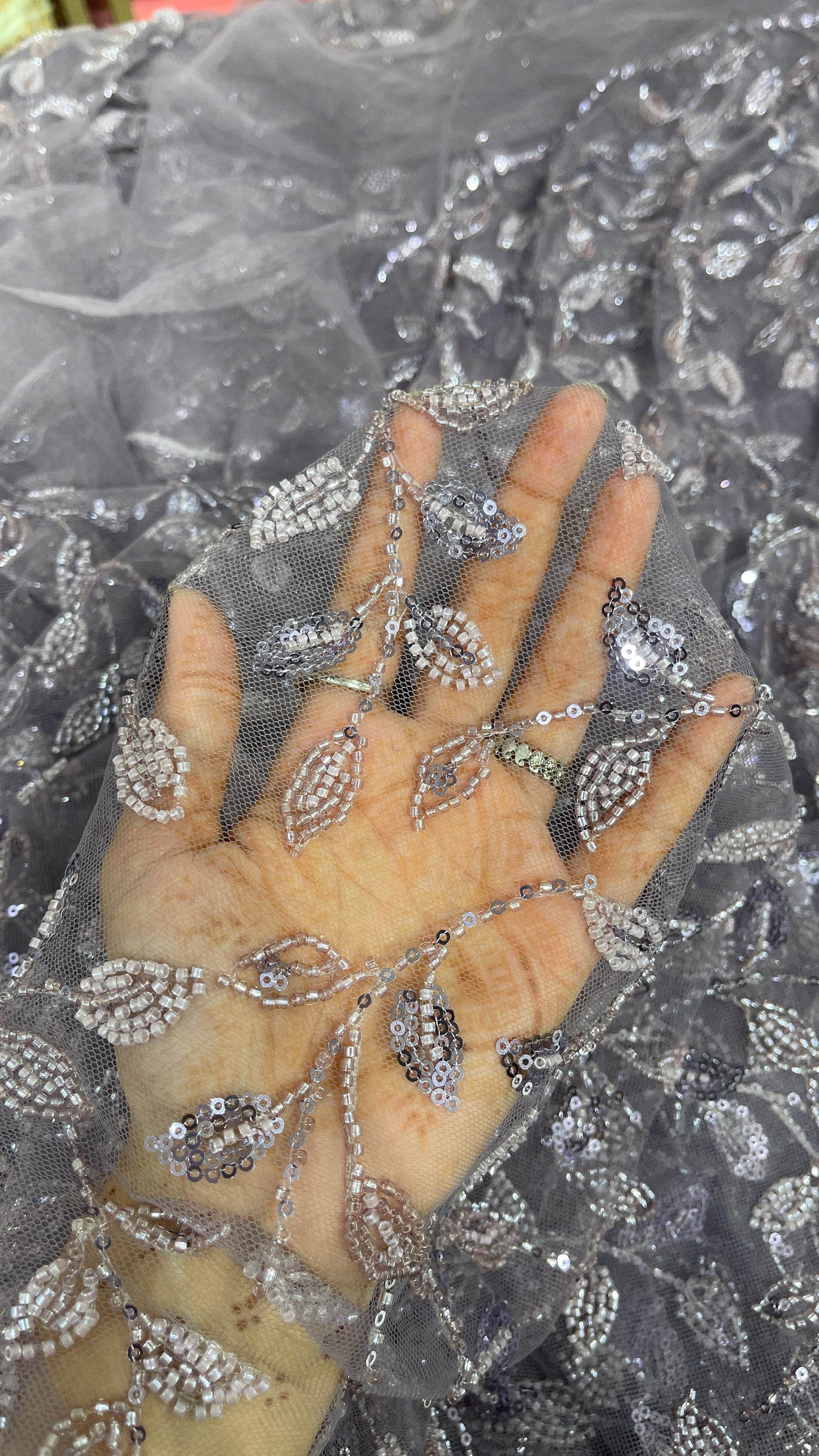 Ice Blue Net Fabric with Silver Sequin Floral Embroidery