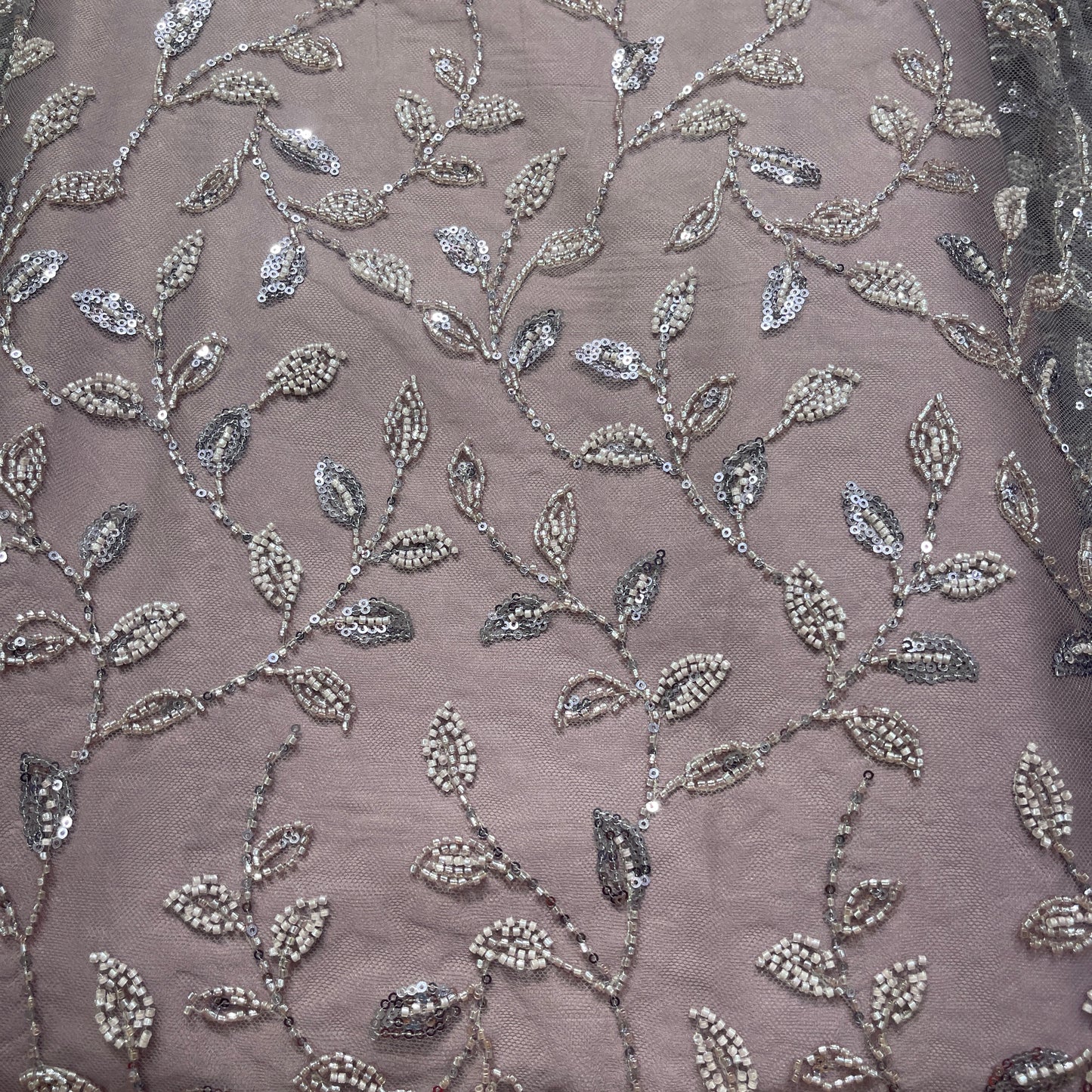 Ice Blue Net Fabric with Silver Sequin Floral Embroidery