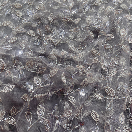 Ice Blue Net Fabric with Silver Sequin Floral Embroidery