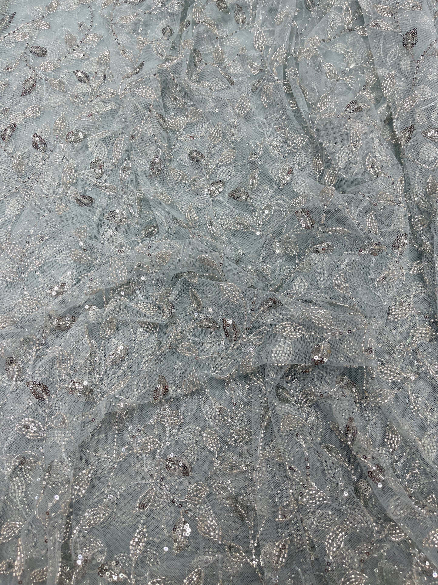 Ice Blue Net Fabric with Silver Sequin Floral Embroidery