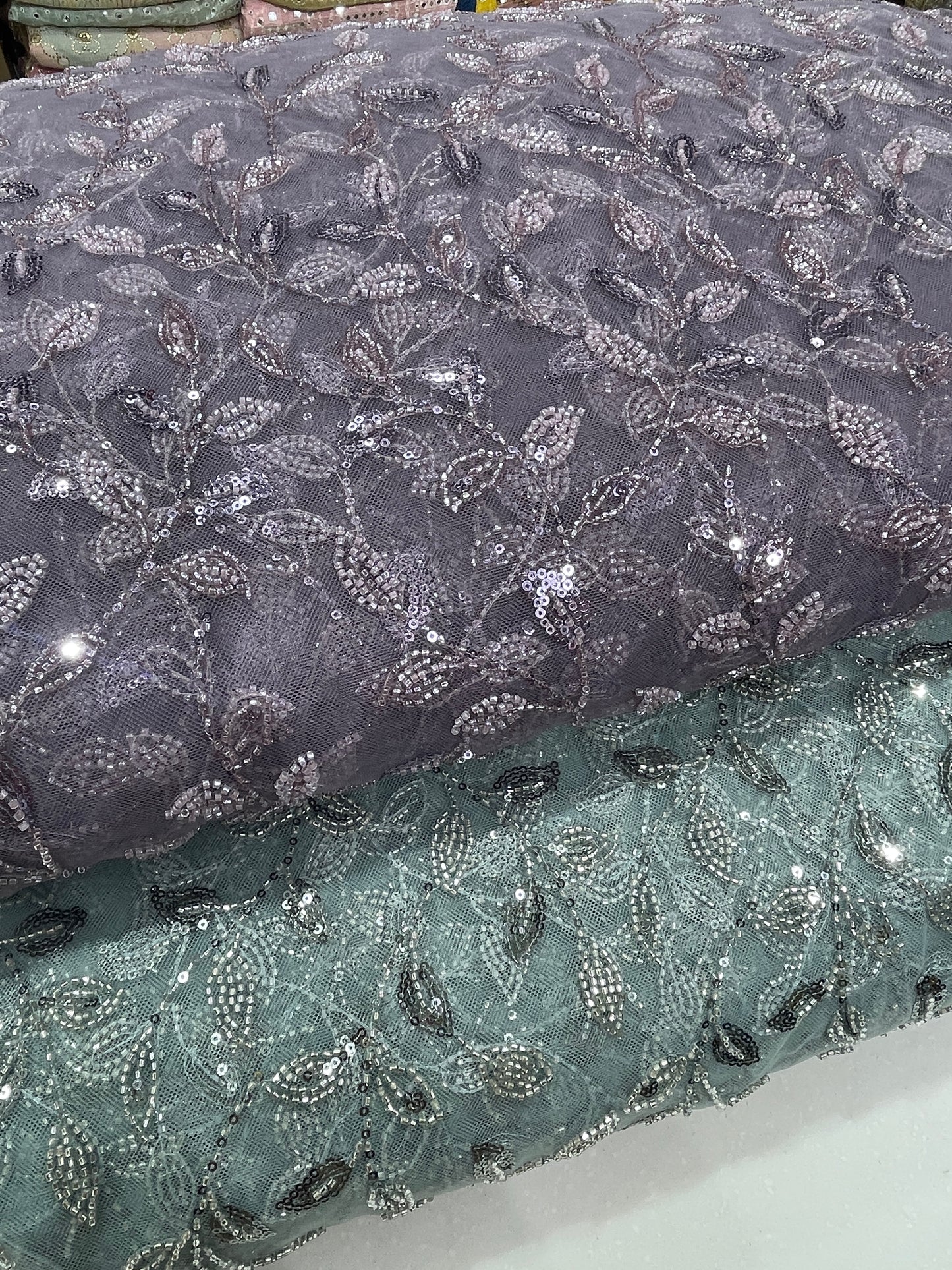 Ice Blue Net Fabric with Silver Sequin Floral Embroidery