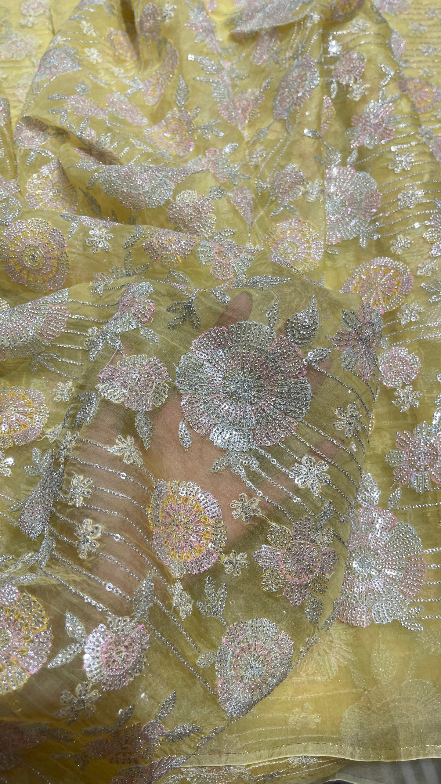 Premium Pastel Organza Embroidered Fabric with Floral Sequin Work (Yellow & Grey Variants)