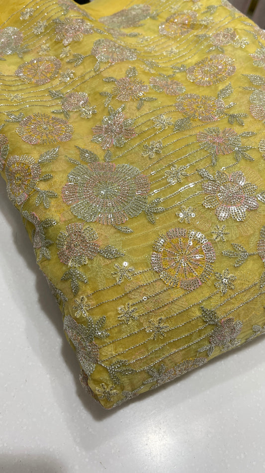Premium Pastel Organza Embroidered Fabric with Floral Sequin Work (Yellow & Grey Variants)