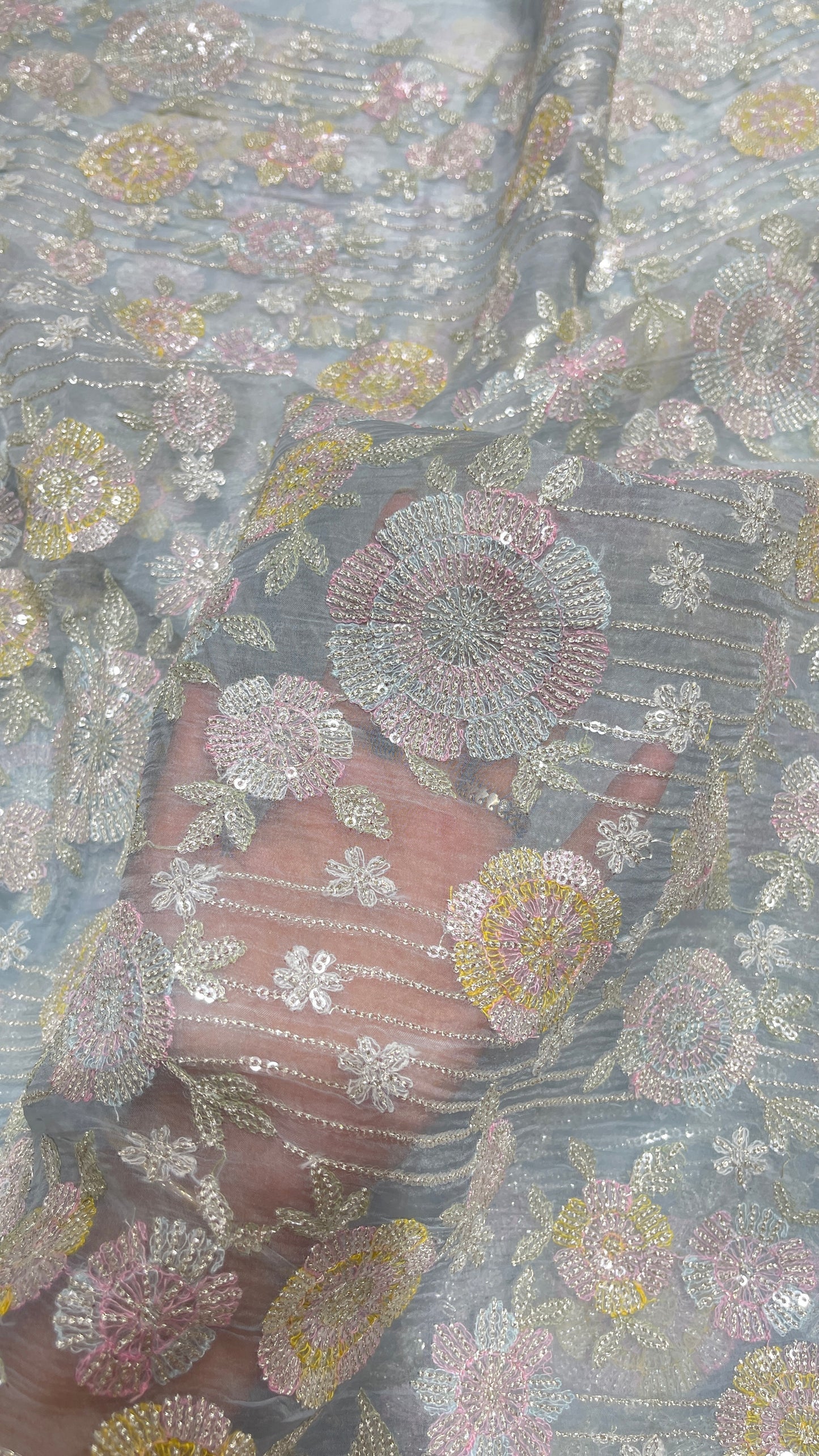 Premium Pastel Organza Embroidered Fabric with Floral Sequin Work (Yellow & Grey Variants)