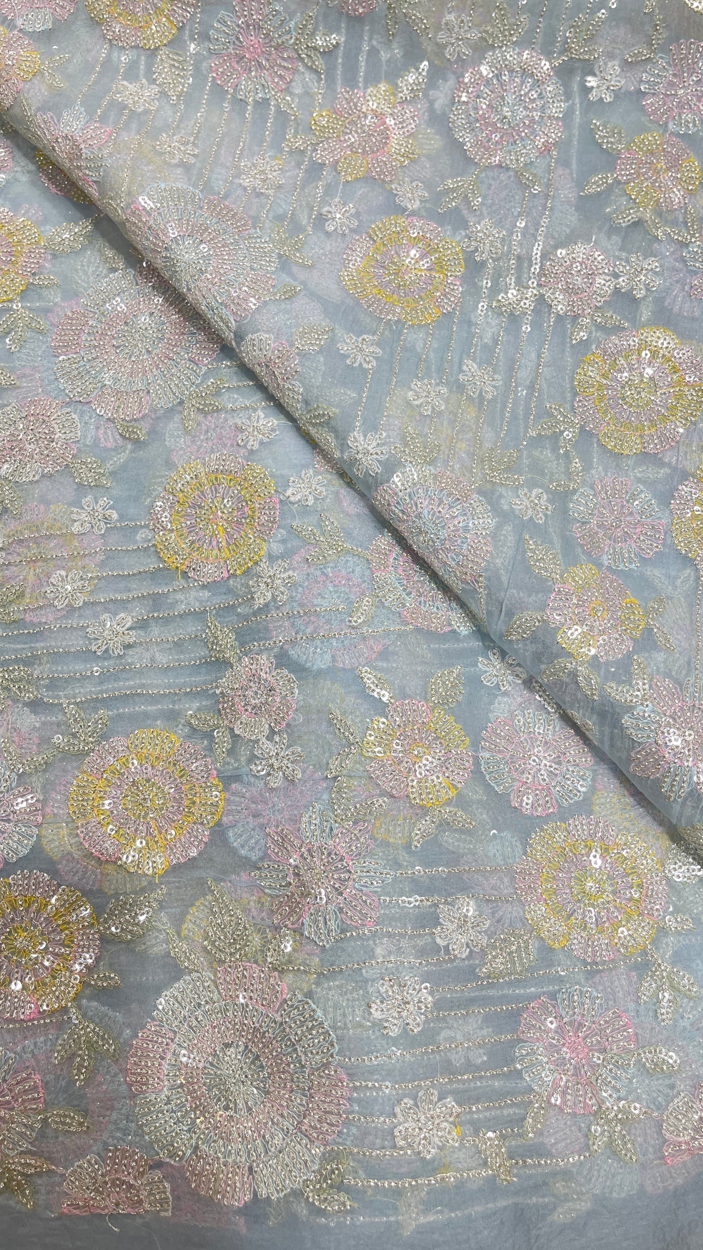 Premium Pastel Organza Embroidered Fabric with Floral Sequin Work (Yellow & Grey Variants)