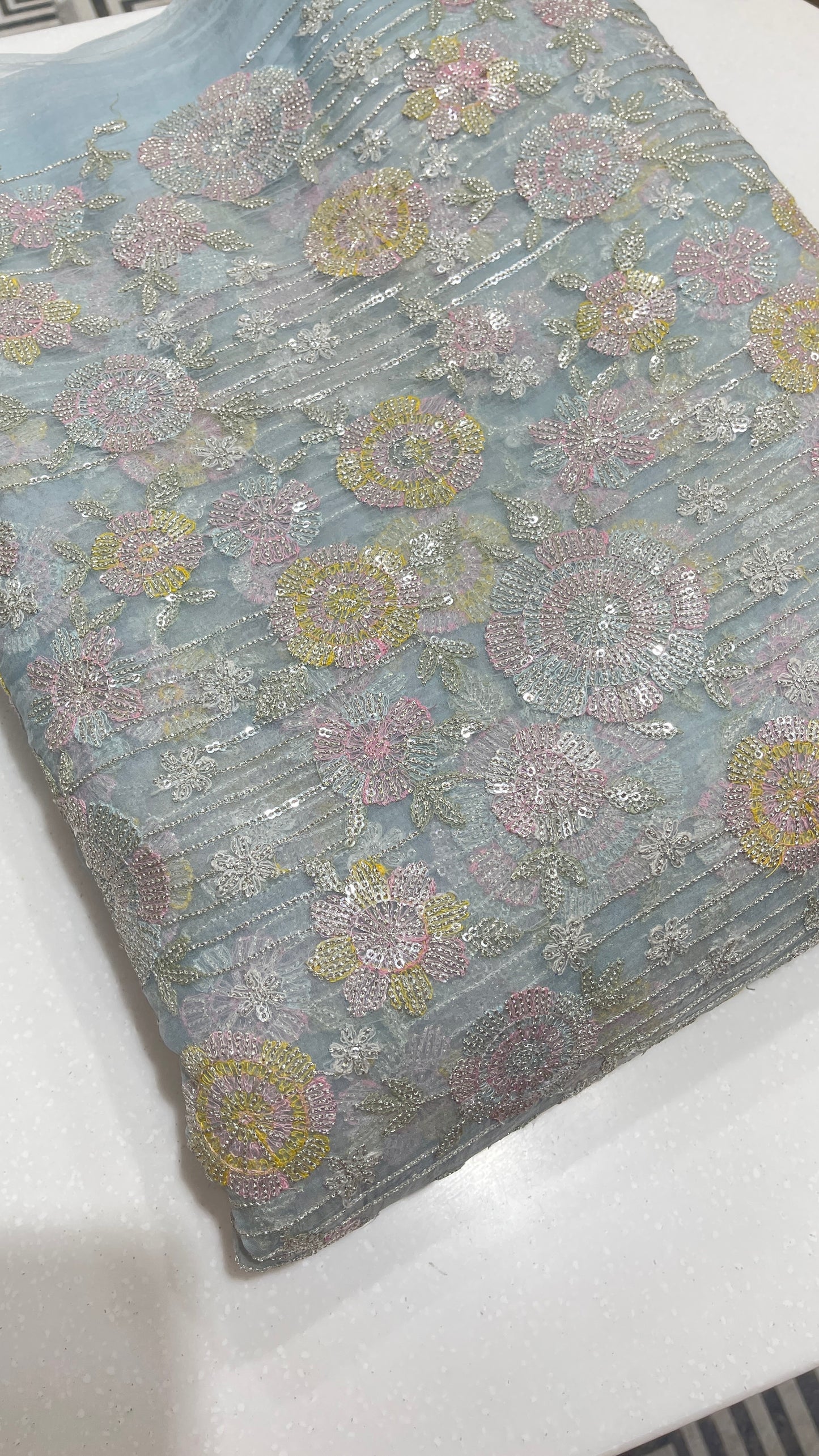 Premium Pastel Organza Embroidered Fabric with Floral Sequin Work (Yellow & Grey Variants)