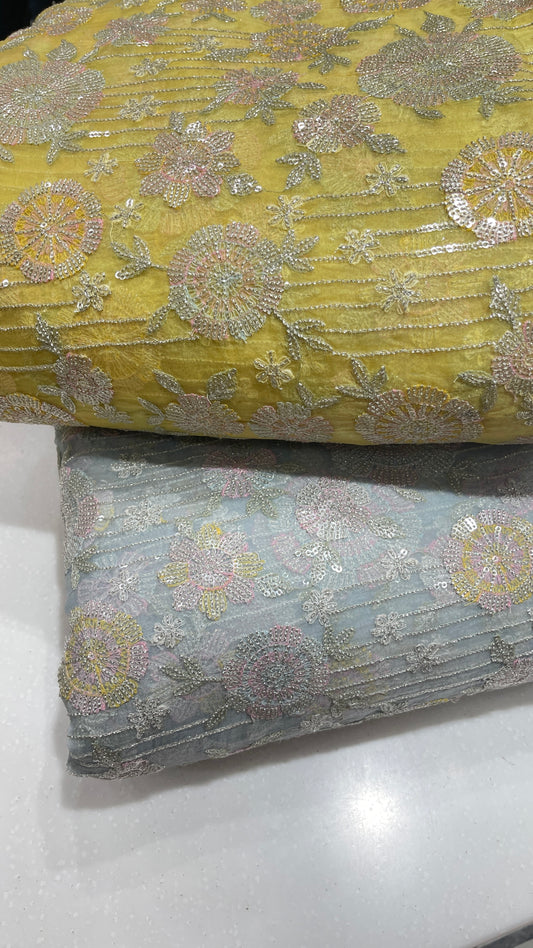 Premium Pastel Organza Embroidered Fabric with Floral Sequin Work (Yellow & Grey Variants)