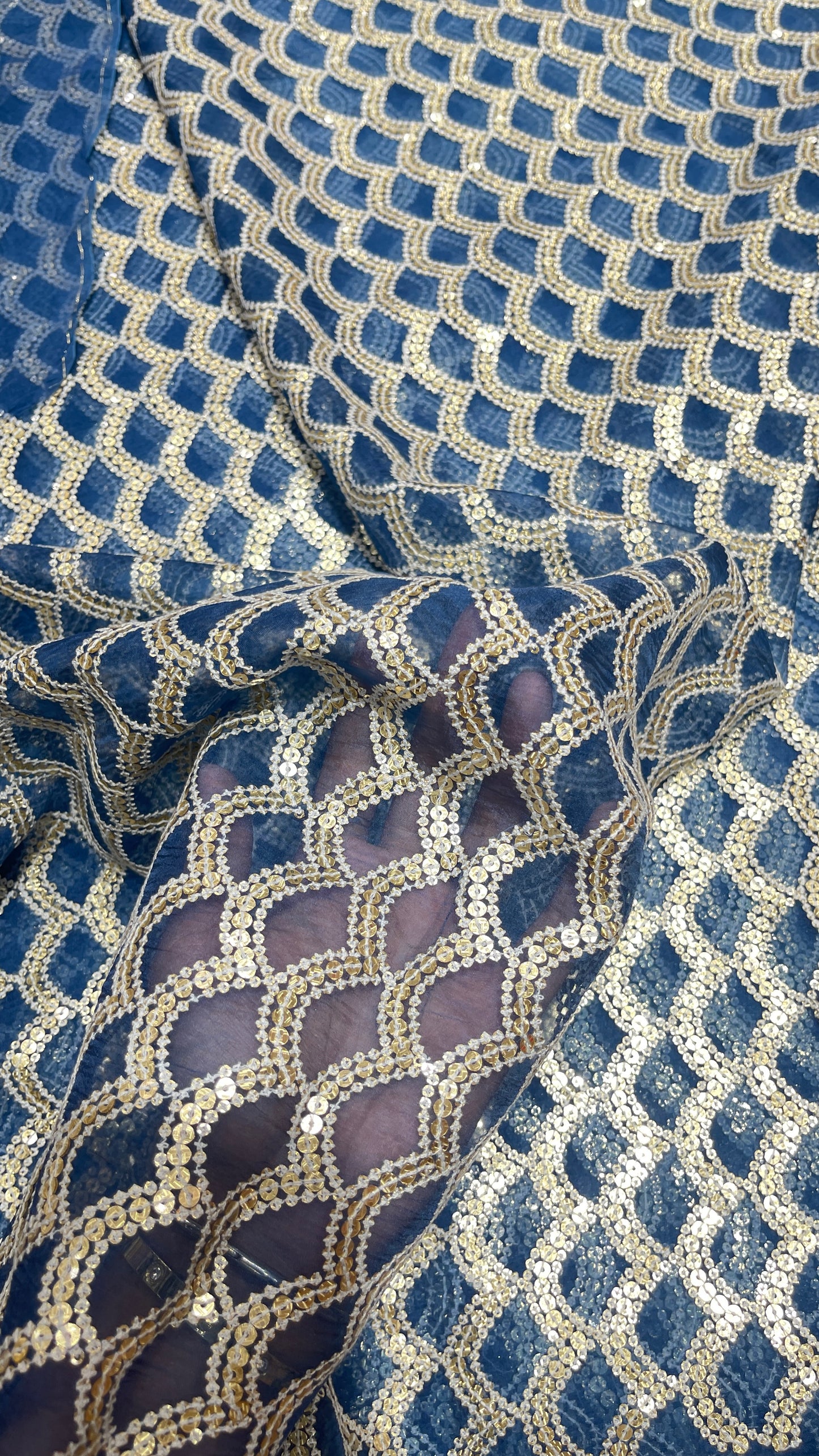 Luxury  Organza Embroidered Fabric with Antique Gold Sequin Work