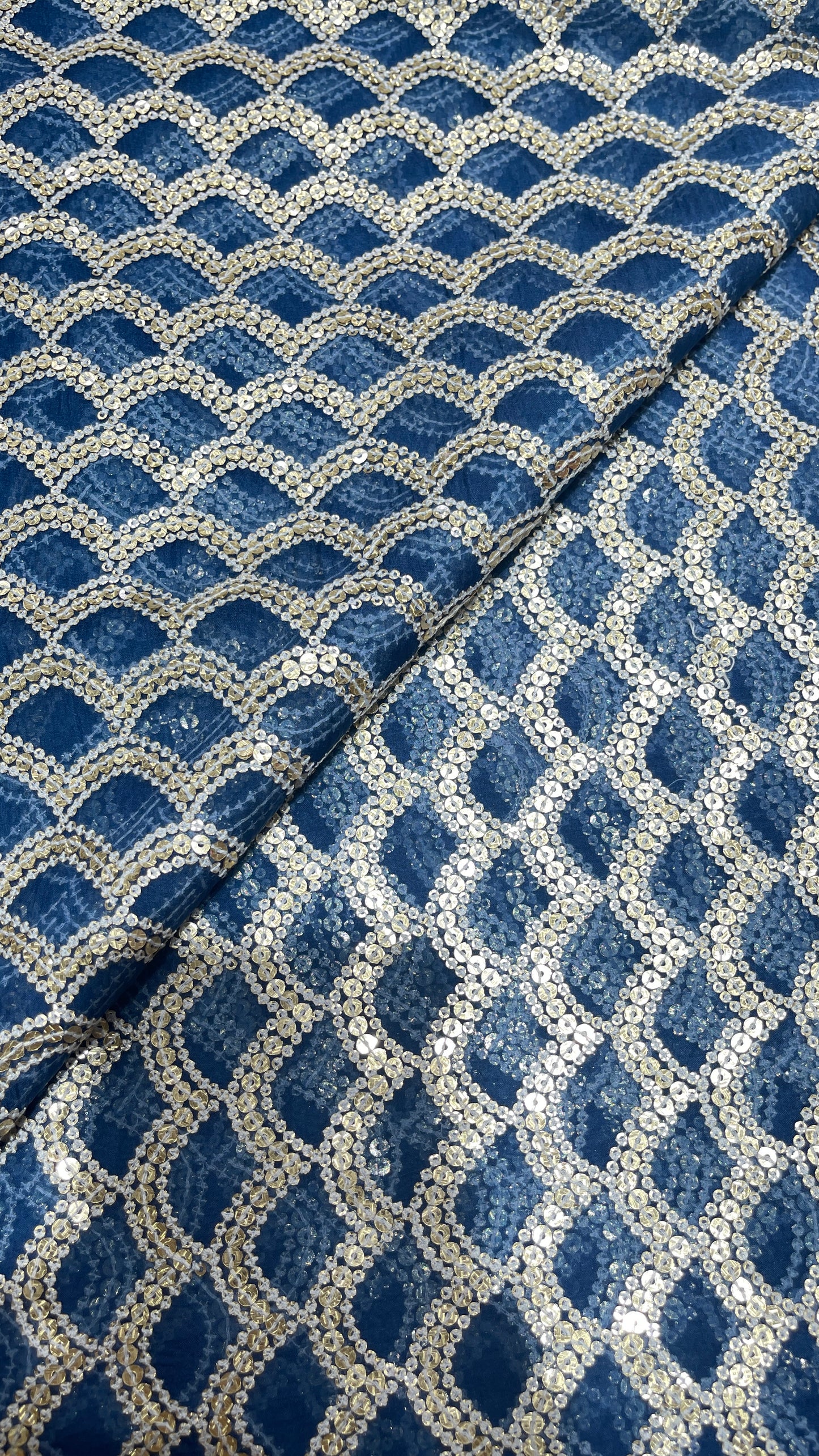 Luxury  Organza Embroidered Fabric with Antique Gold Sequin Work