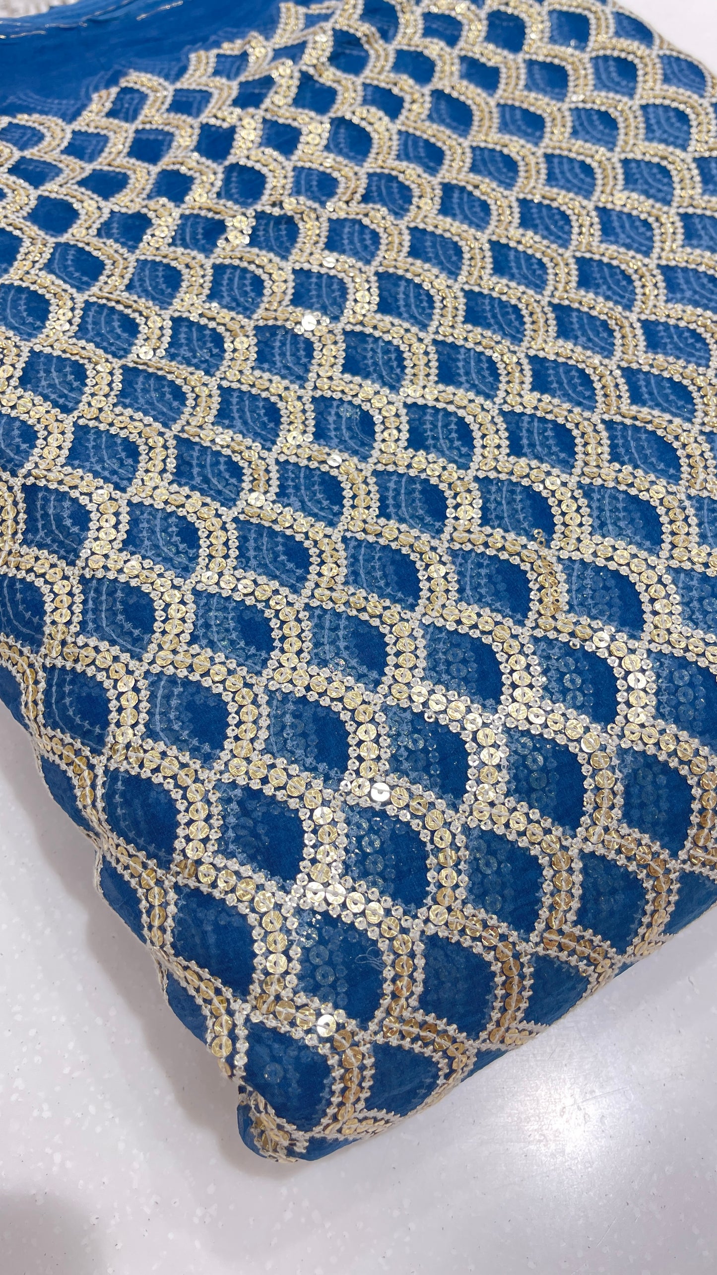 Luxury  Organza Embroidered Fabric with Antique Gold Sequin Work