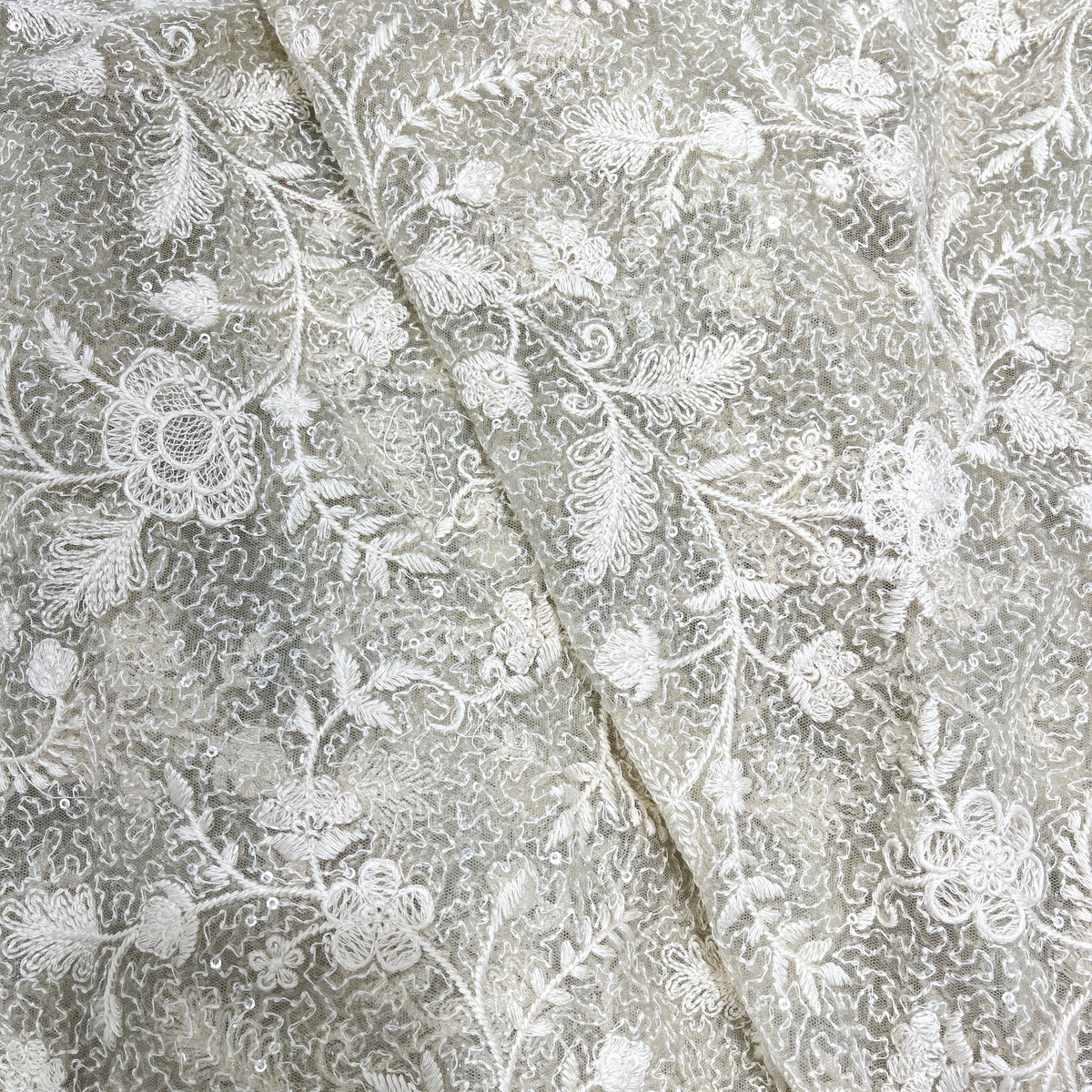 Premium Floral Embroidered Net Fabric – Pastel Pink & Sage Green