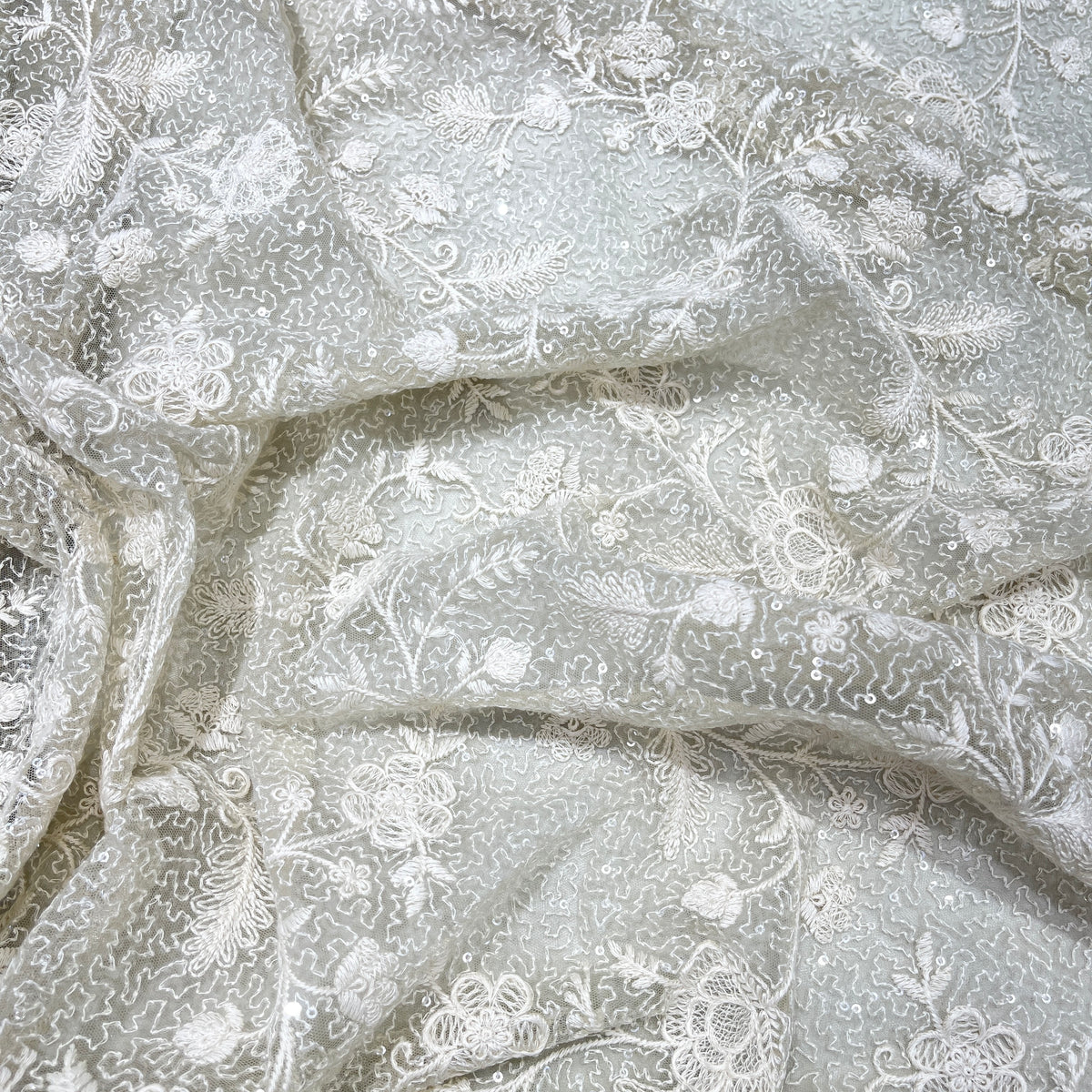 Premium Floral Embroidered Net Fabric – Pastel Pink & Sage Green