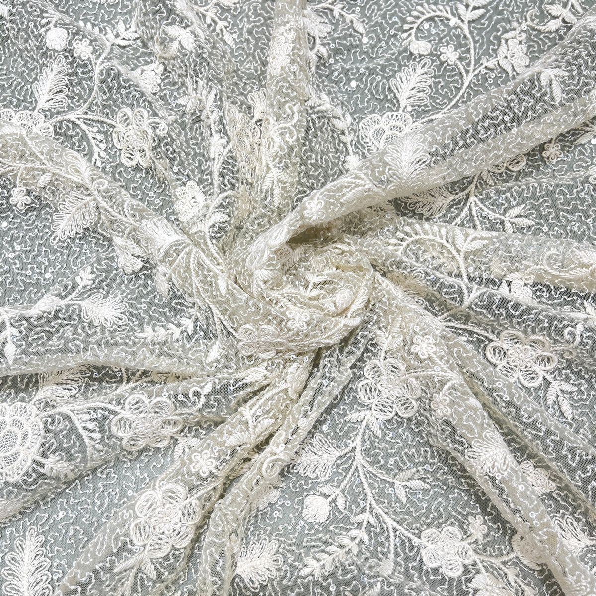 Premium Floral Embroidered Net Fabric – Pastel Pink & Sage Green