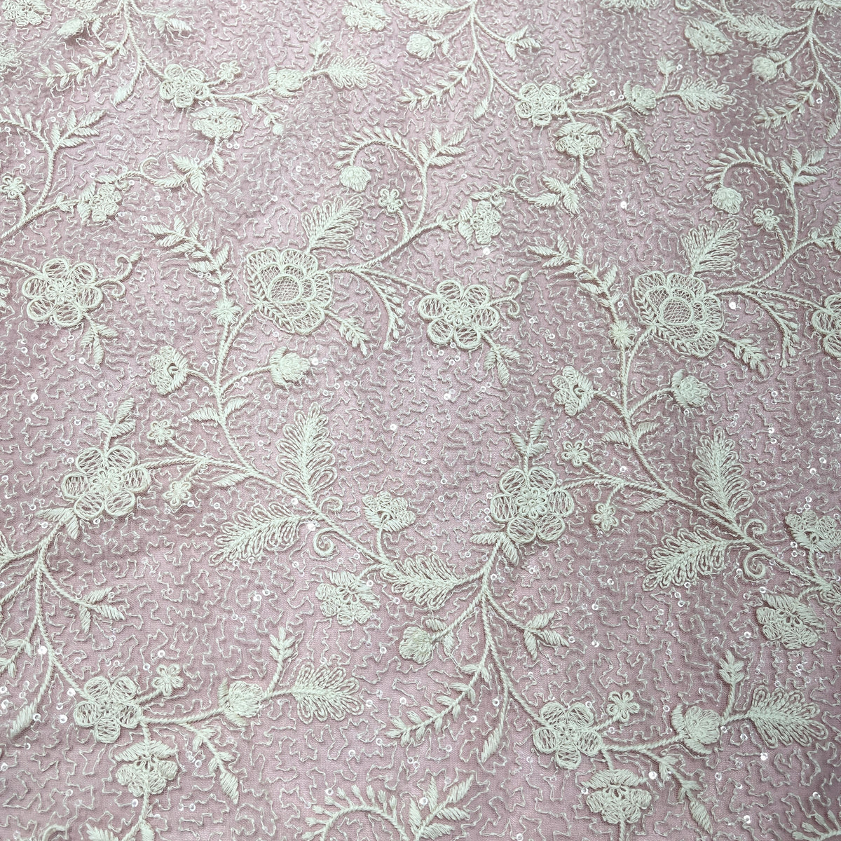 Premium Floral Embroidered Net Fabric – Pastel Pink & Sage Green