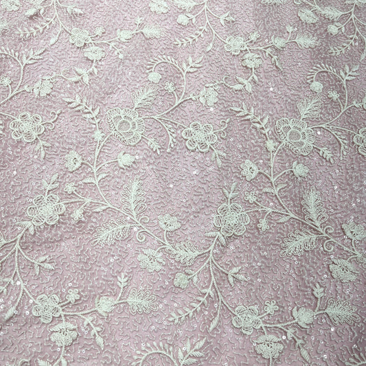 Premium Floral Embroidered Net Fabric – Pastel Pink & Sage Green