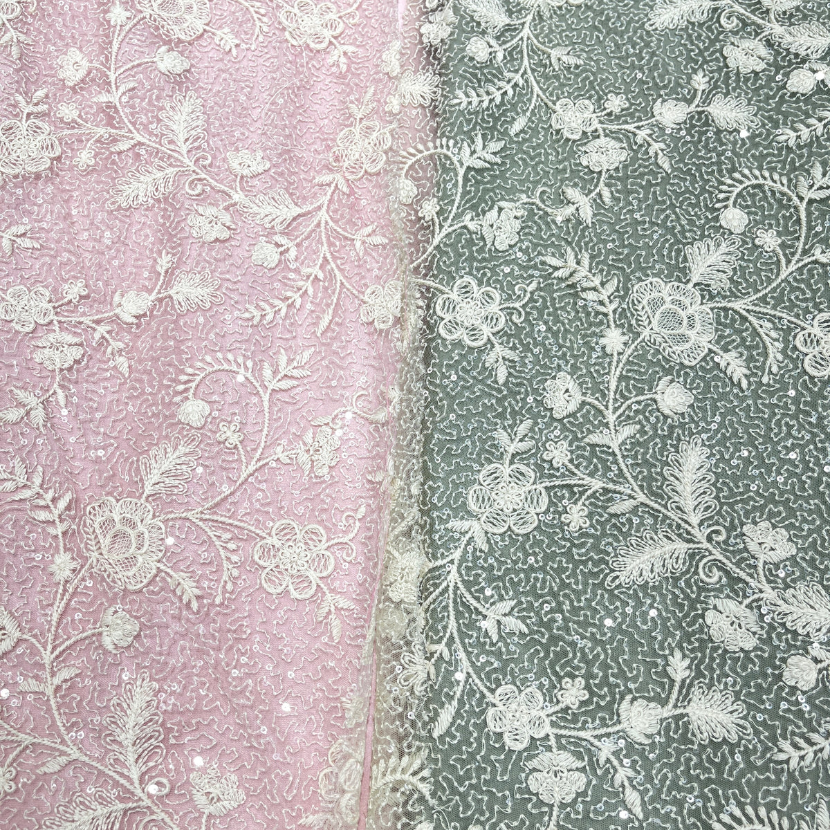 Premium Floral Embroidered Net Fabric – Pastel Pink & Sage Green