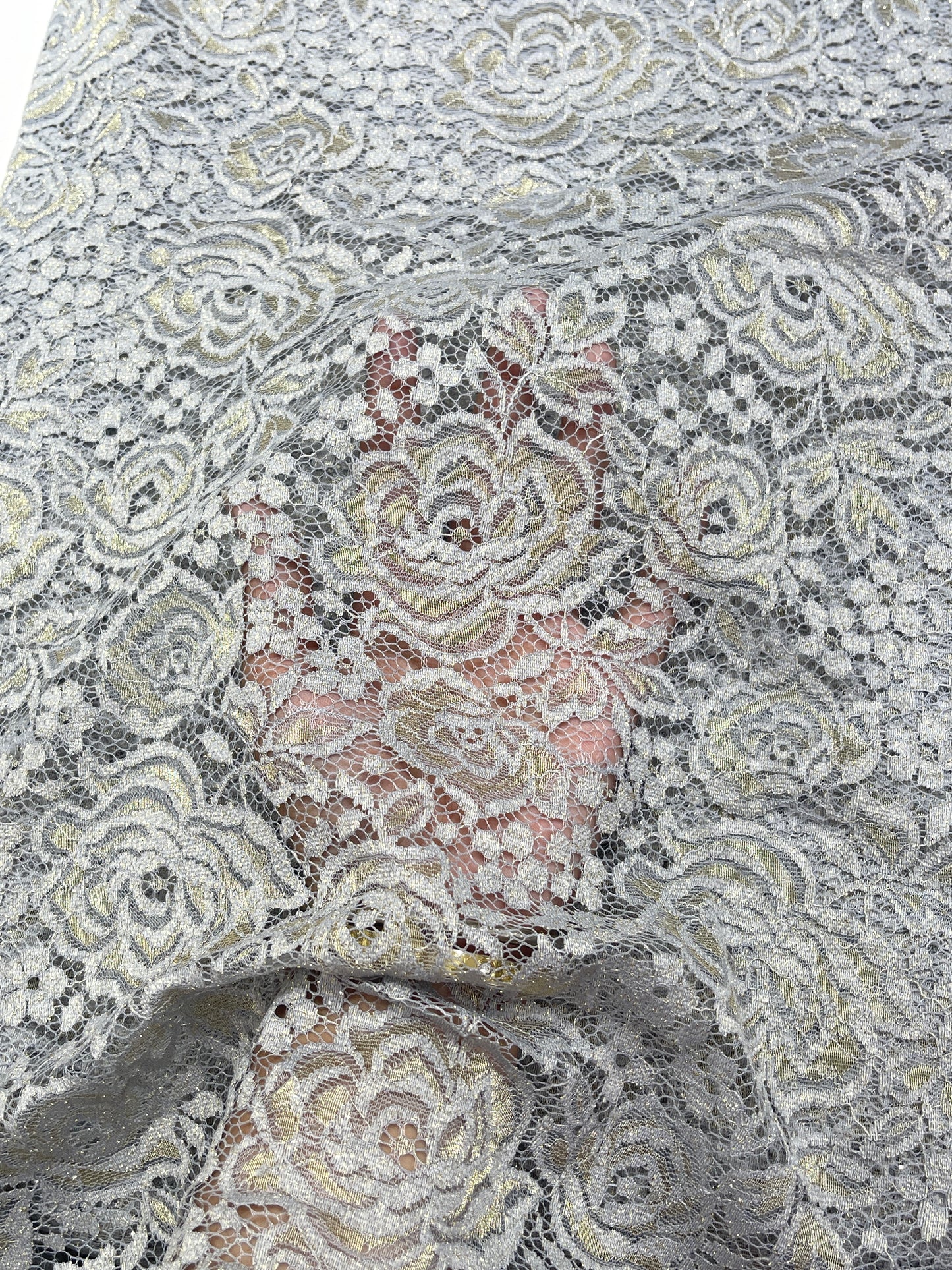 Premium Floral Chantilly Lace Fabric with Metallic Rose Embroidery