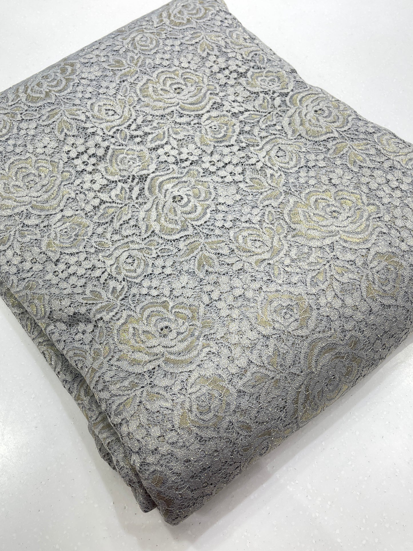 Premium Floral Chantilly Lace Fabric with Metallic Rose Embroidery