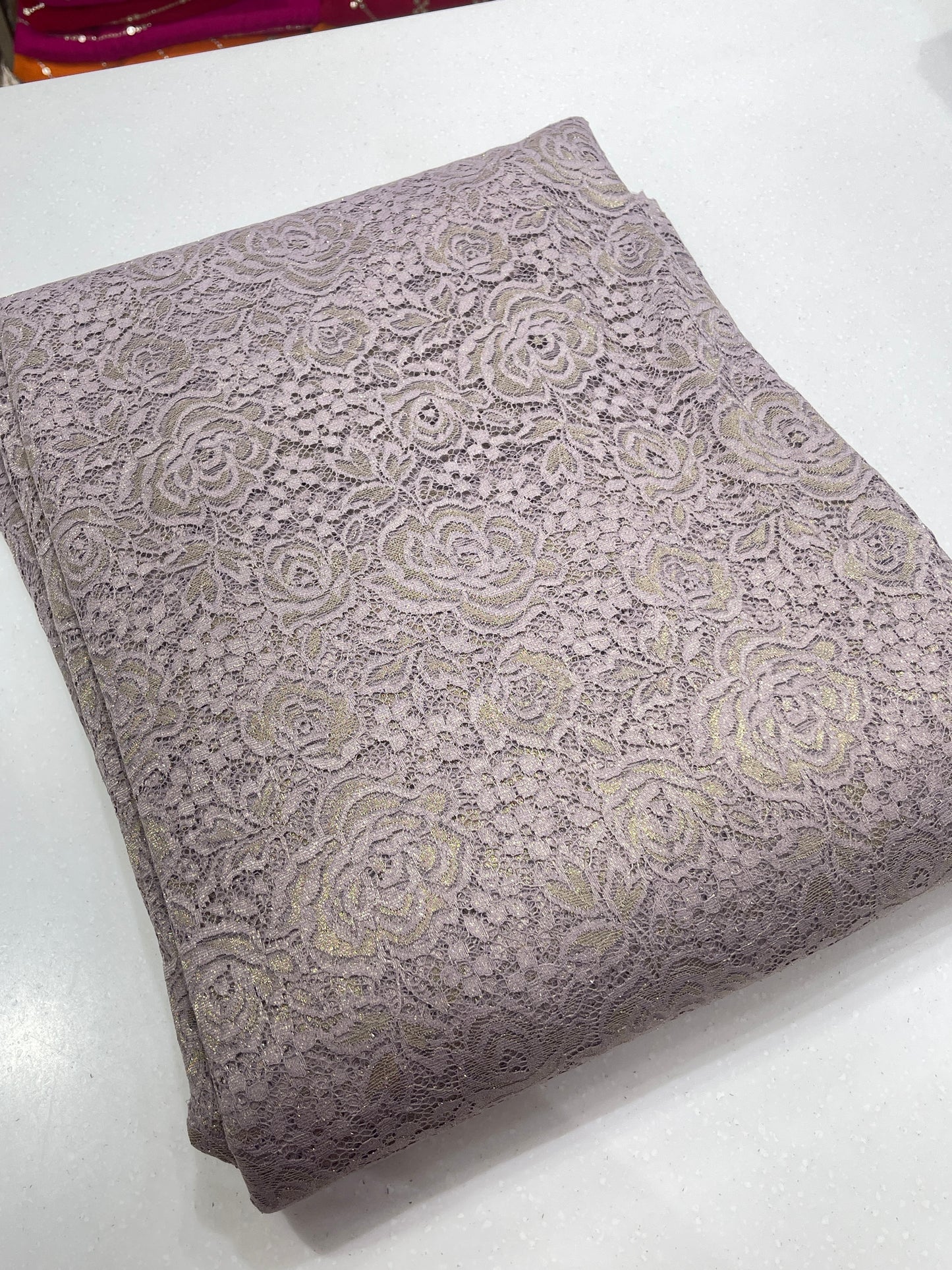 Premium Floral Chantilly Lace Fabric with Metallic Rose Embroidery