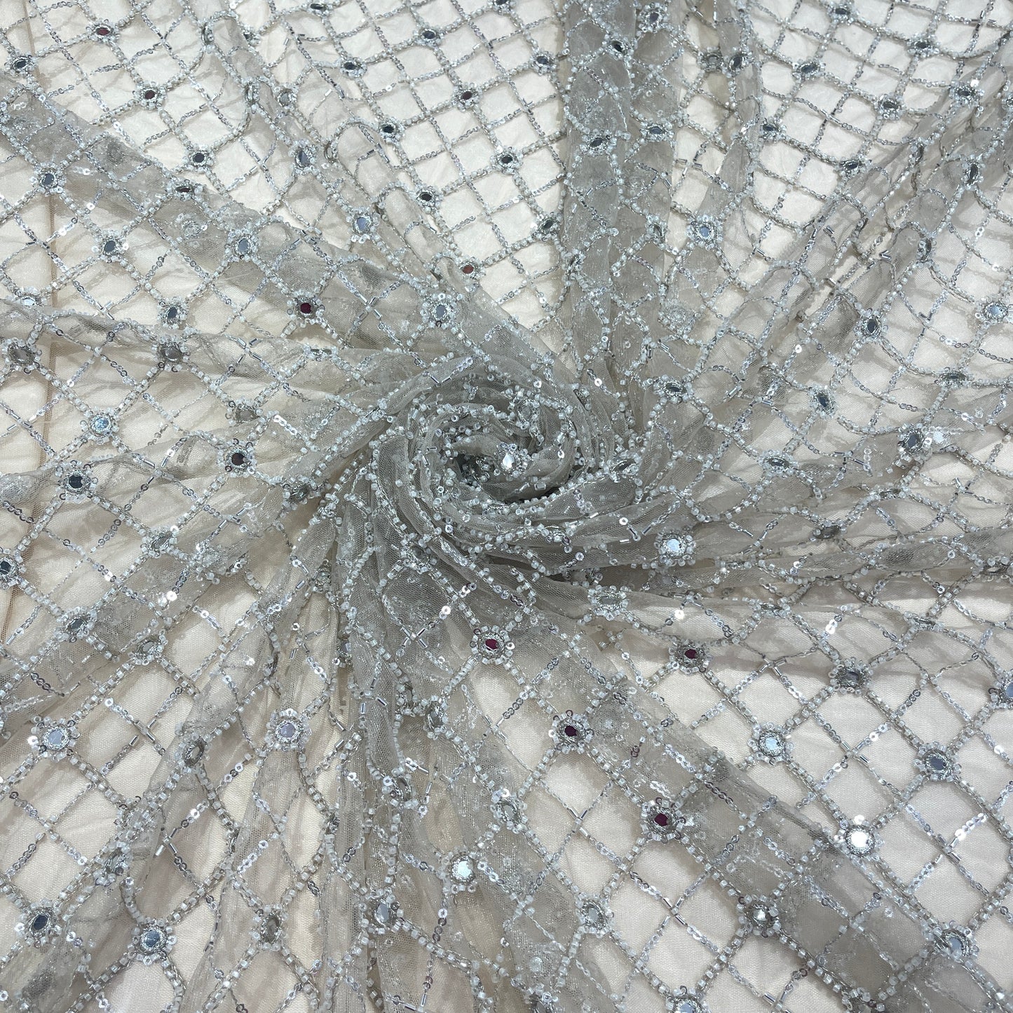 Premium Net Embroidery Fabric with Sequins & Mirror Work