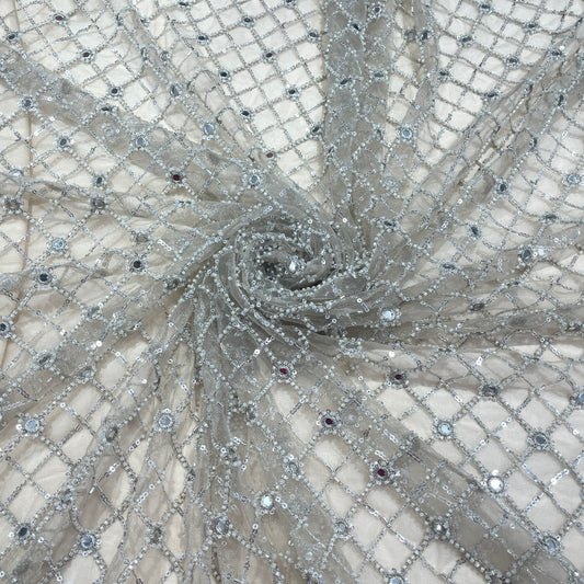 Premium Net Embroidery Fabric with Sequins & Mirror Work