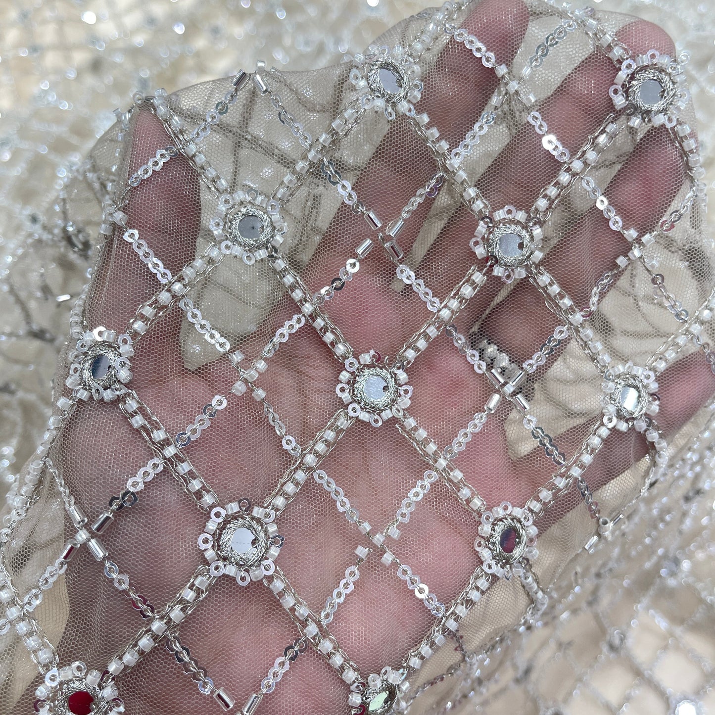 Premium Net Embroidery Fabric with Sequins & Mirror Work