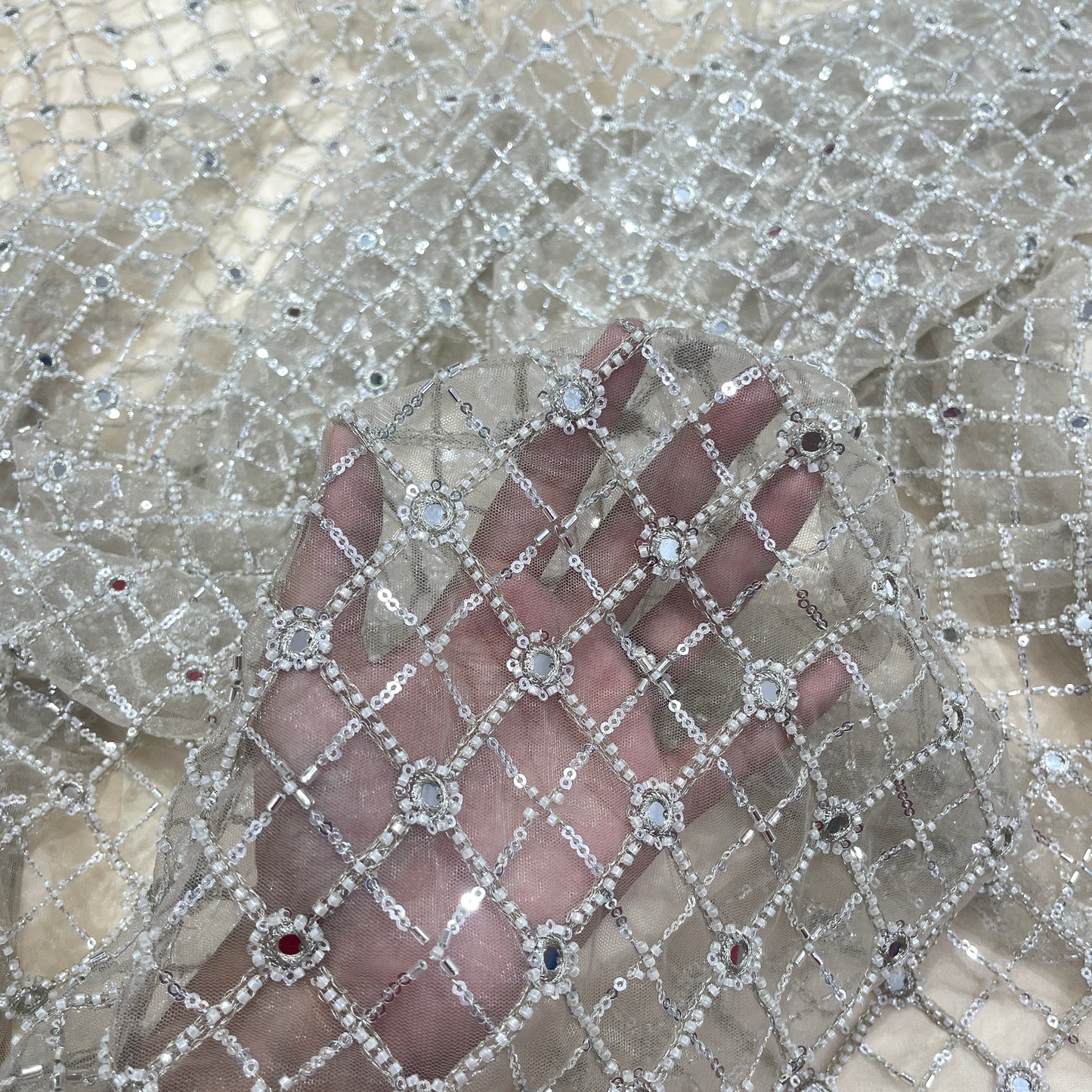 Premium Net Embroidery Fabric with Sequins & Mirror Work